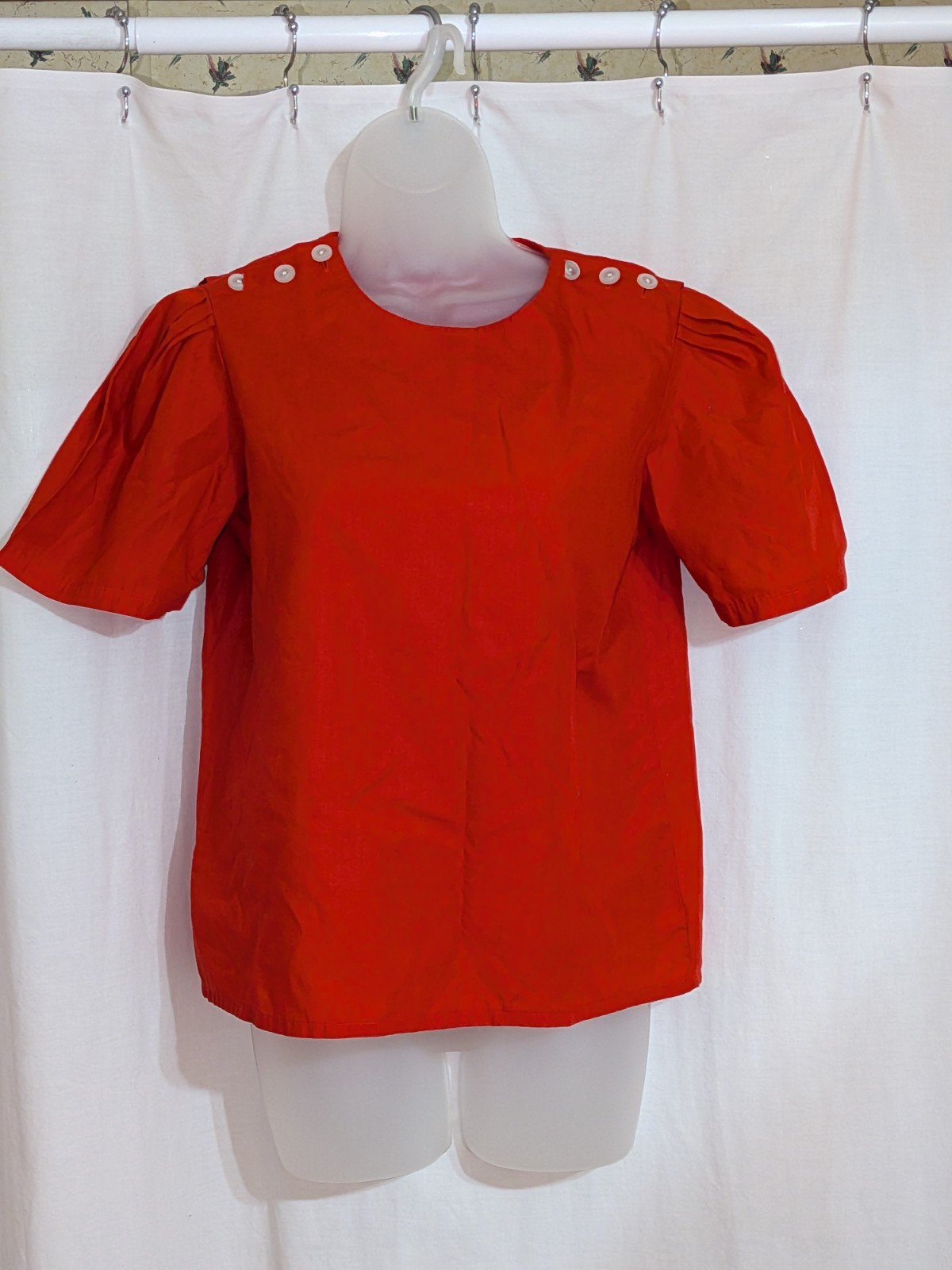 VTG 60s Career Guild Red Poplin Short Sleeved Blouse W/ Detachable Collar Sz M