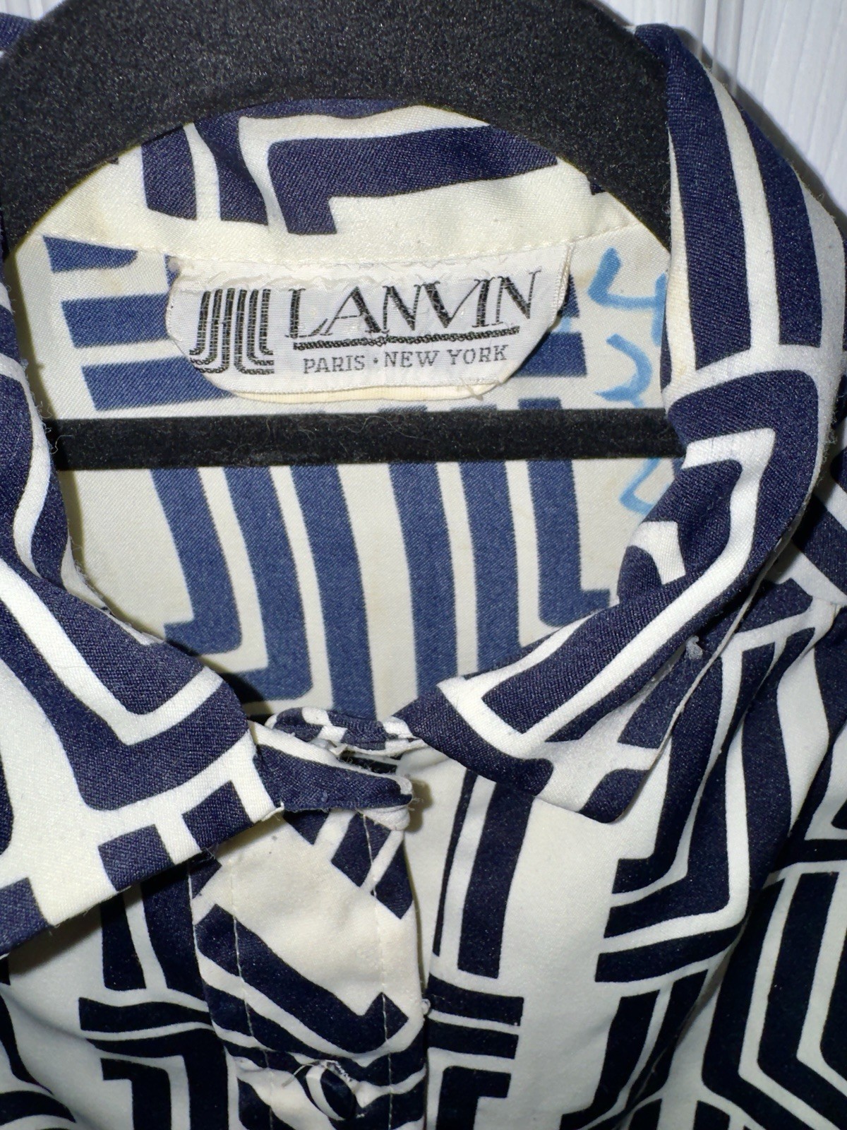 Rare Vintage Lanvin Silk Navy & Cream Geometric Dress 1970s
