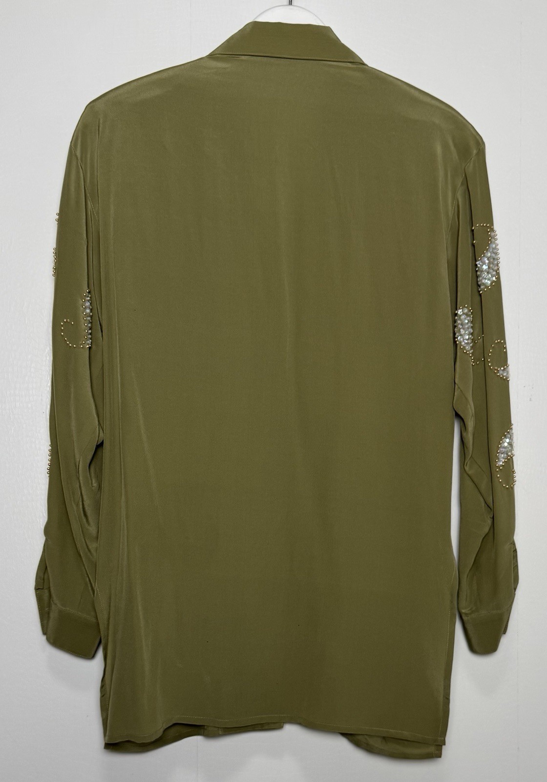 Vintage 80s 100% Silk Blouse Sz 4 Olive Sequin Beaded Paisley Tunic Shirt