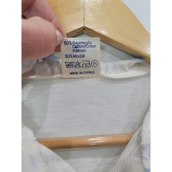 Vintage Cosmo White Cotton Modal Embroidered Nightgown Blue Lettuce Edge Trim L