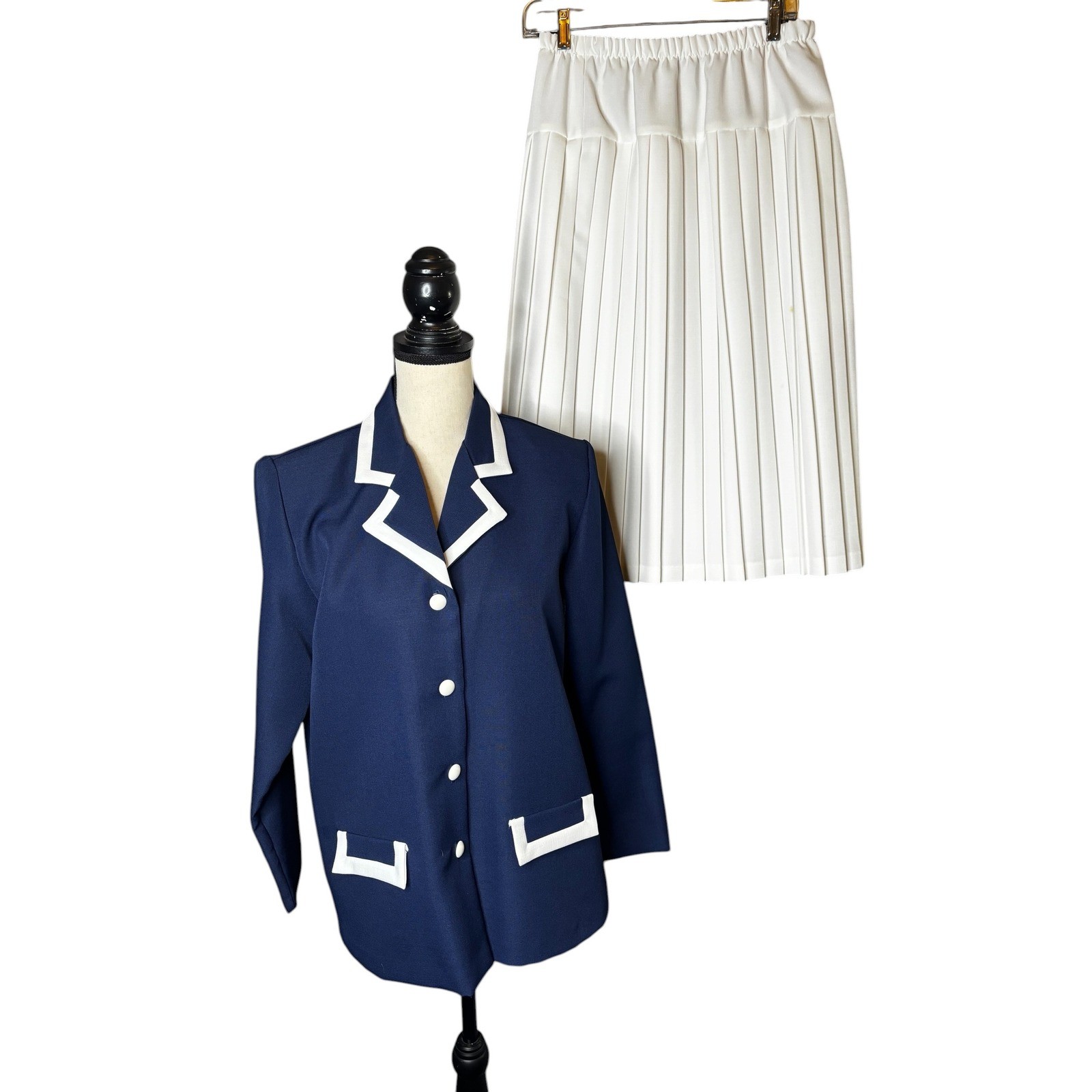 Nancy II Vintage Navy Blue White Pleated Skirt Suit Set Nautical Preppy 10P