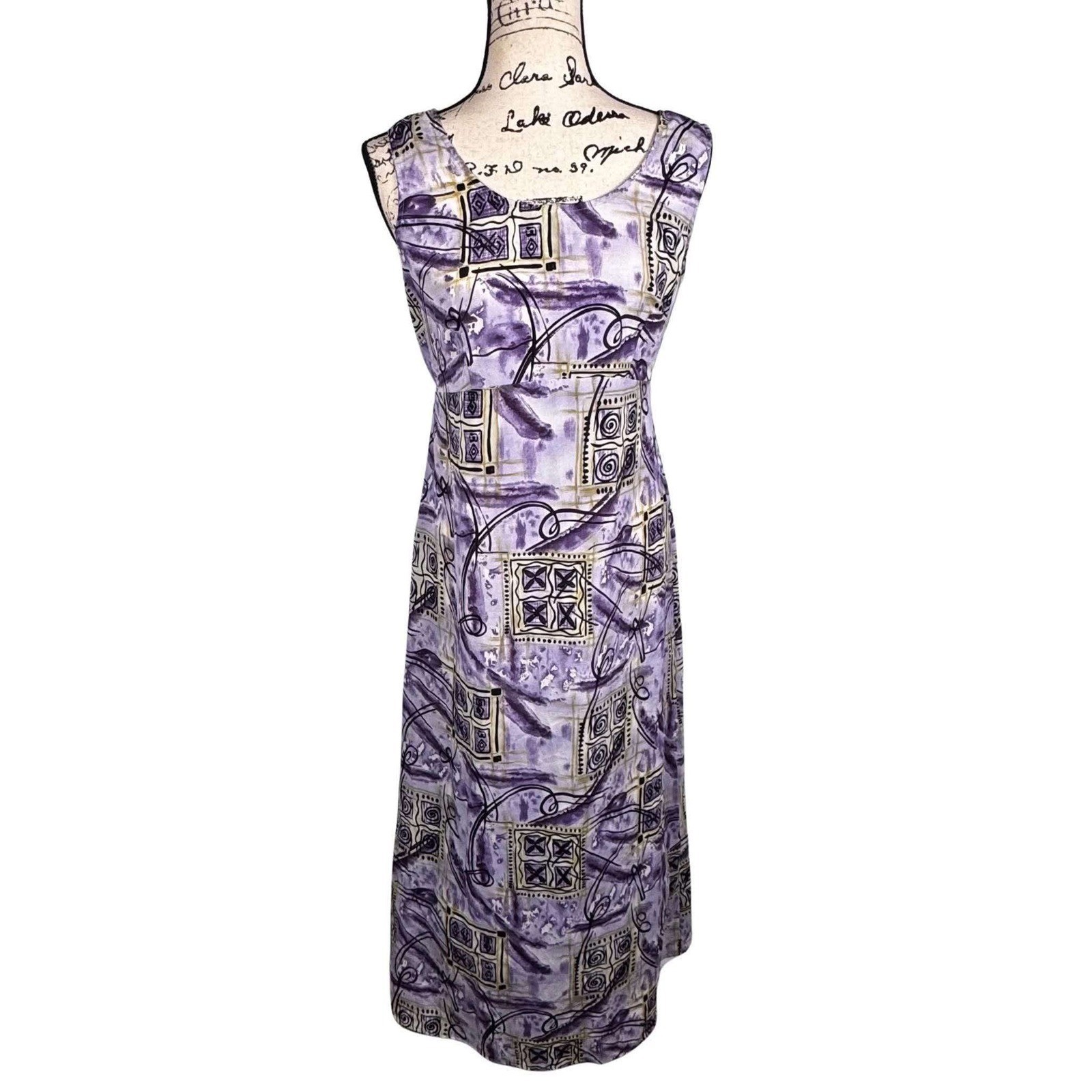 90s Maxi Dress Sleeveless Abstract Geometric Empire Waist Fairy Cottage Sz L