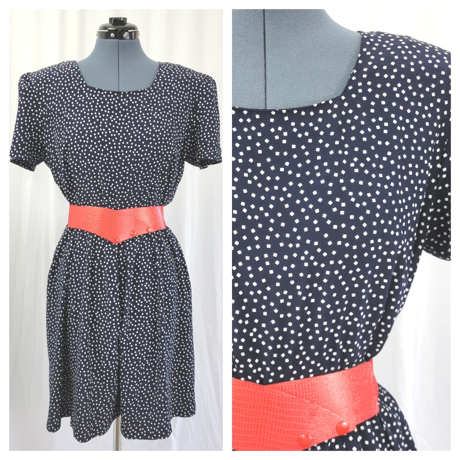 Vintage RJ Stevens Navy Blue Shorts Romper w White Squares & Red Belt Size 14