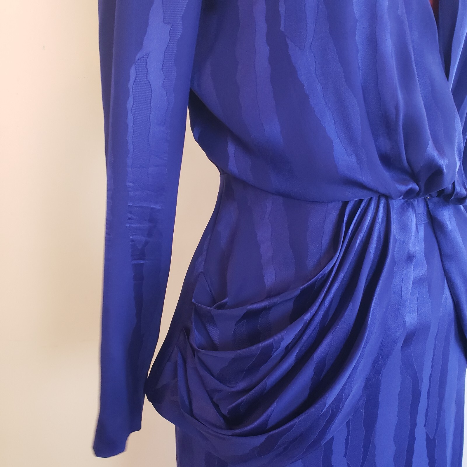 Vintage Vicky Tiel Blouse Skirt Set XS Violet Silk V Neck Peplum Knee Length
