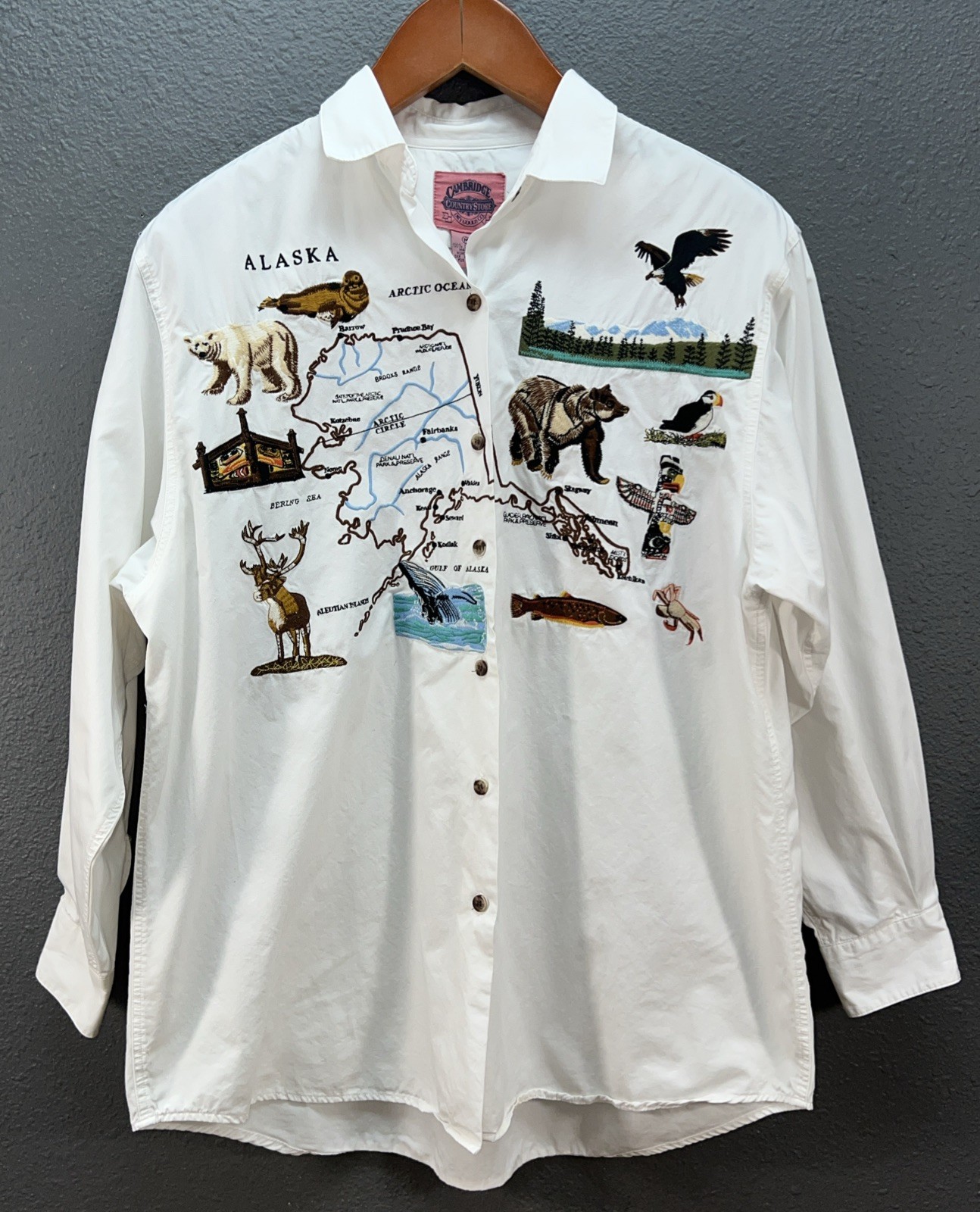 Vtg Cambridge Dry Goods White Shirt Womens Size M Embroidered Alaska Wildlife