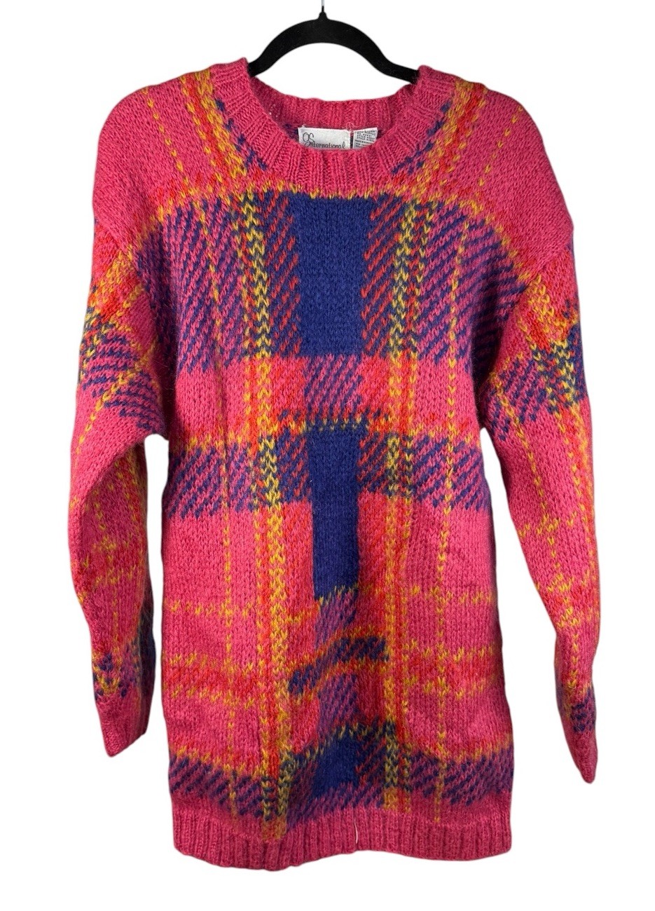 Vintage 80s Mohair Sweater NWT Plaid Fuzzy Pink Chunky Knit Oversized Grunge L