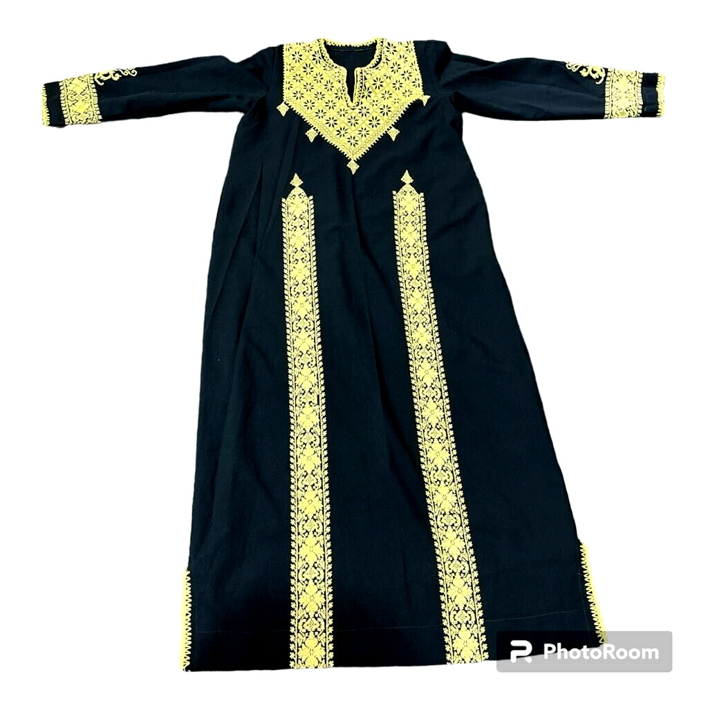 Vintage Women Traditional Embroidery Thob Palestine Hand Made Dress Black Silk