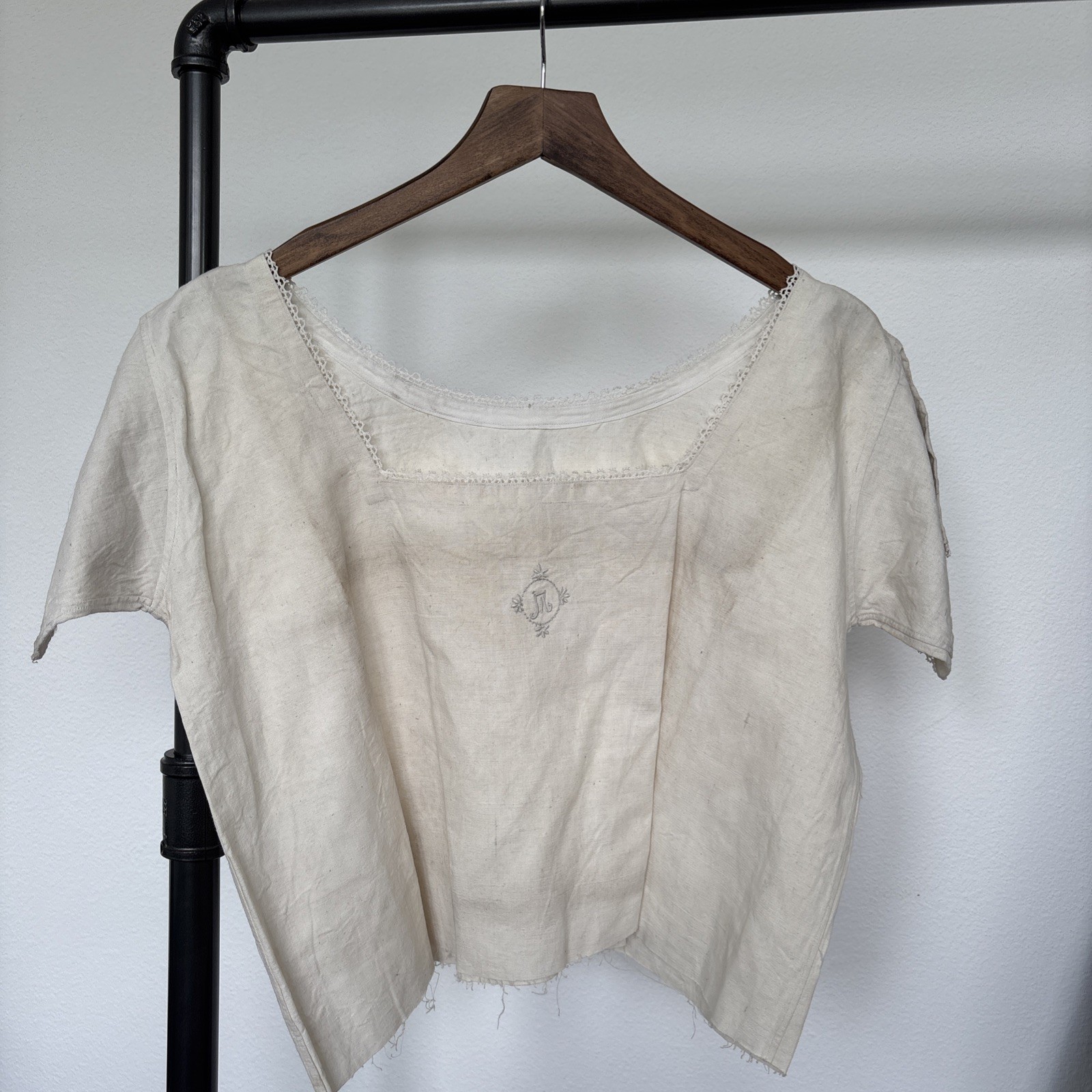 Edwardian Monogram Linen Blouse | Antique French Chemise Top, Early 1900s