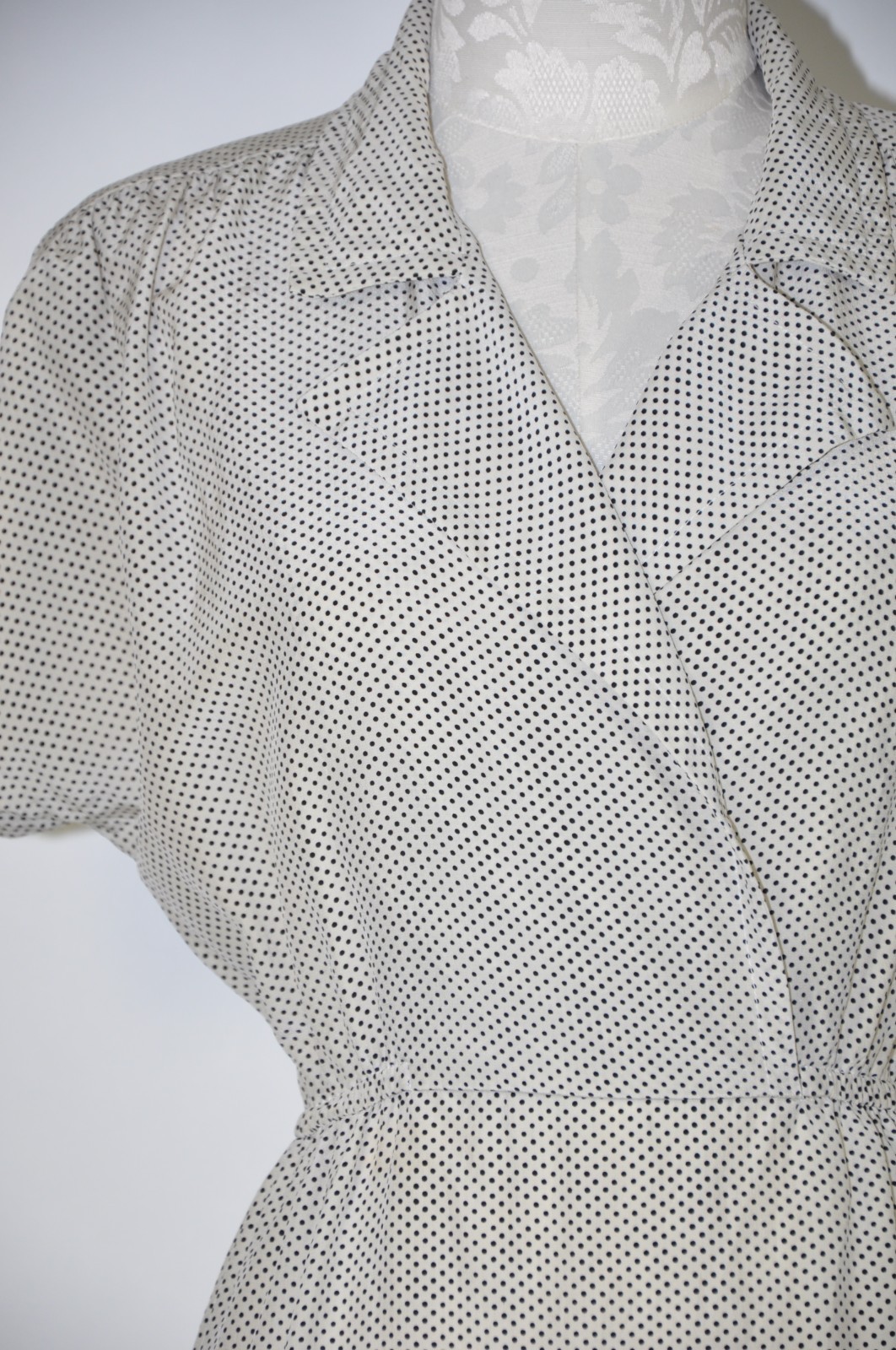 80s Vintage White Black Polka Dot Silk Short Sleeves Wrap Shirtdress Women S