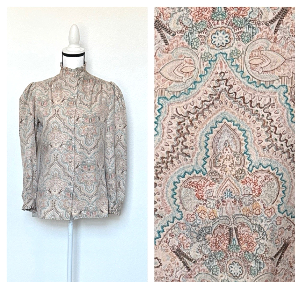 1970s 1980s Silky High Neck Ruffle Collar and Cuff Blouse