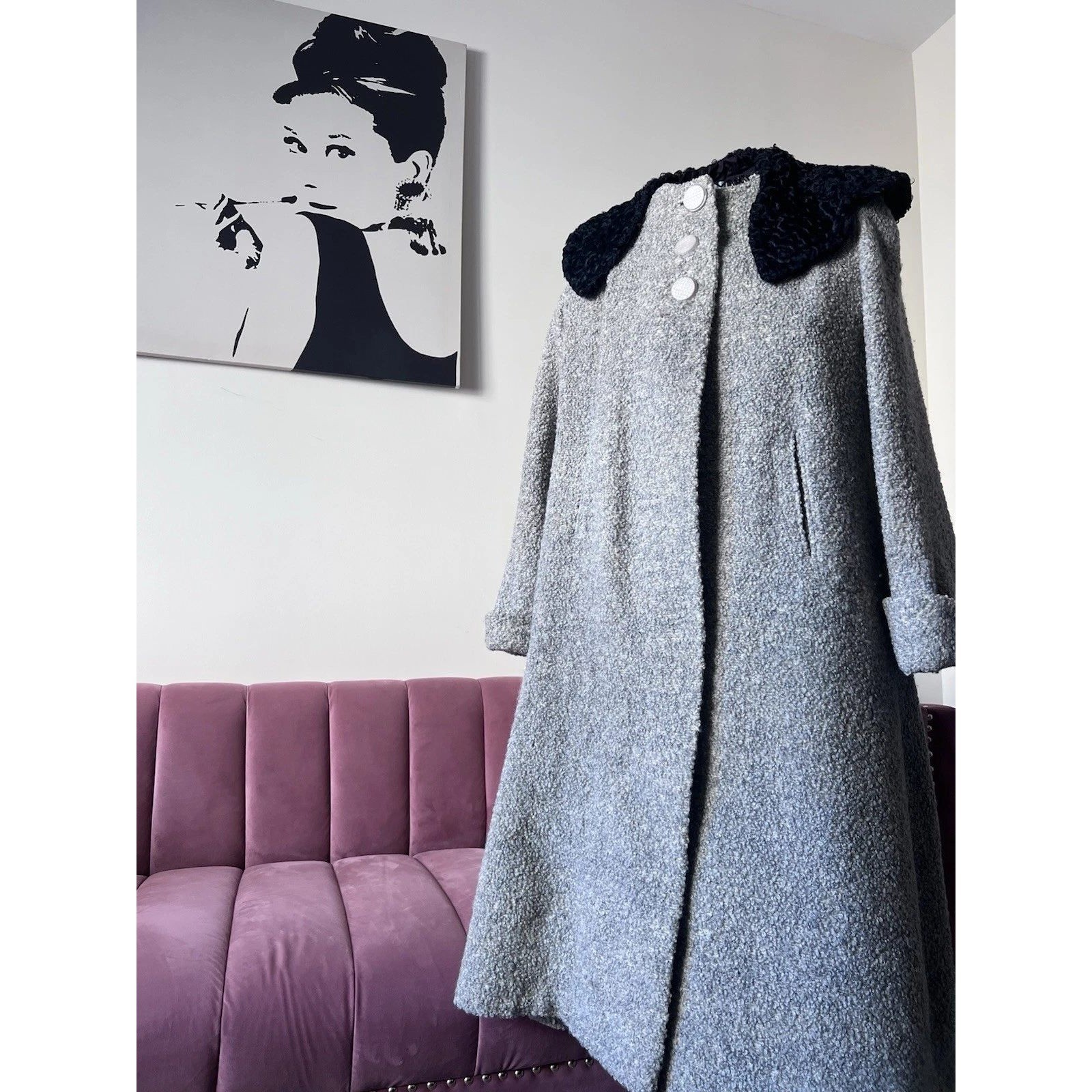 Vintage 40s Oatmeal Wool Boucle Swing Coat Persian Lamb Fur Collar Gray