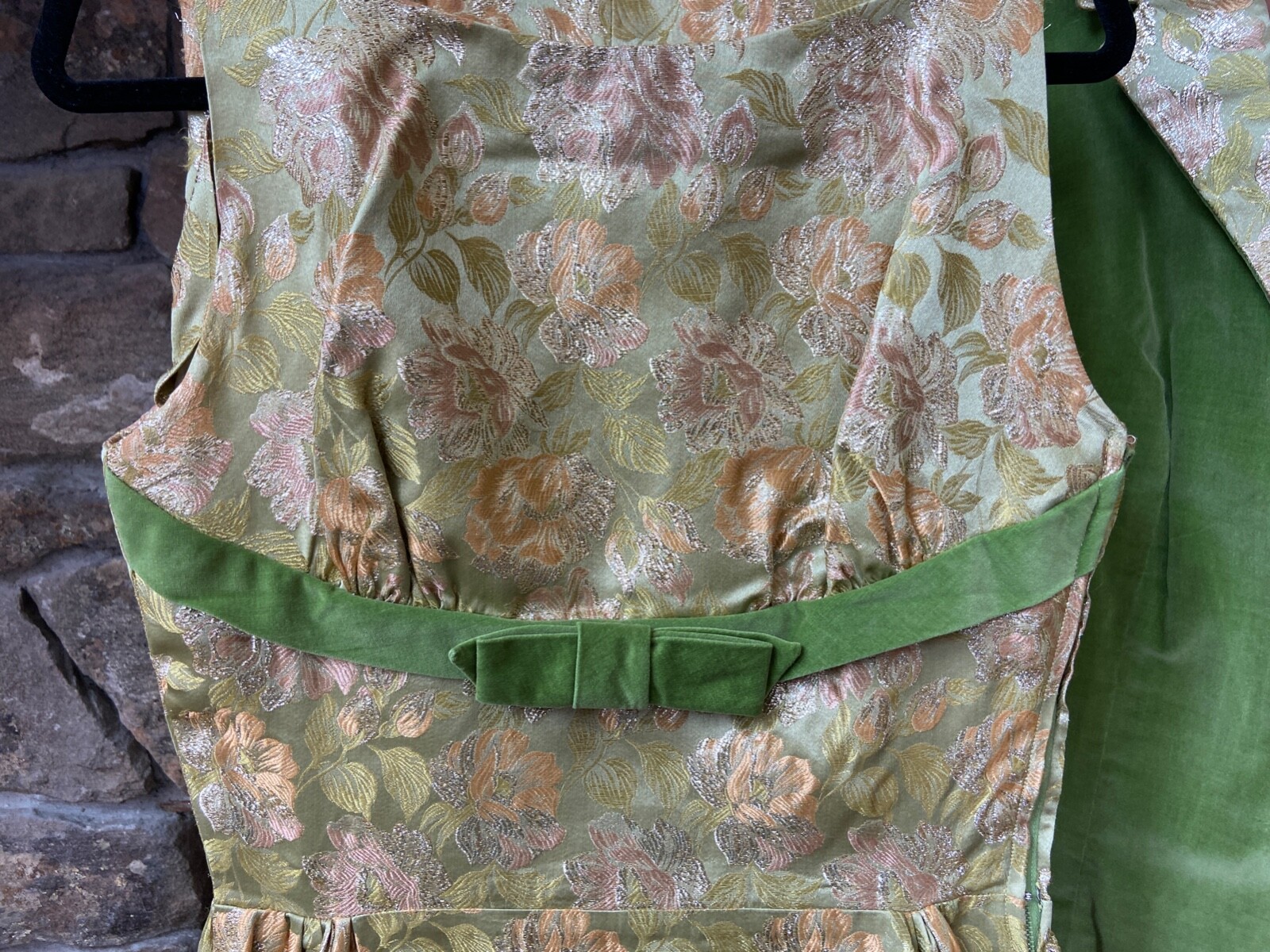 Fabulous Dress and Jacket Set GreenGold Brocade Velvet VTG 60s Holiday Party
