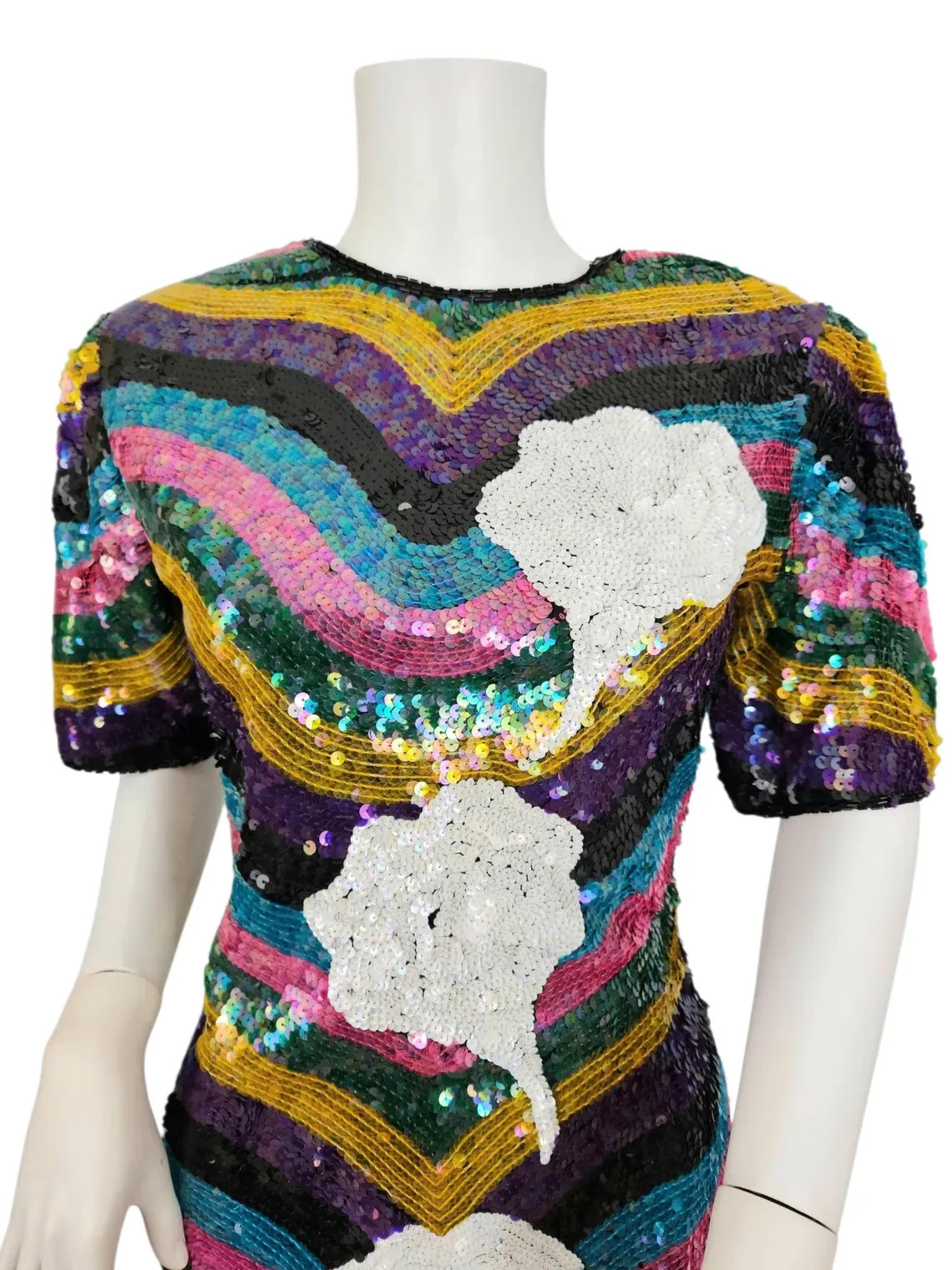1980s Rainbow Stripe Silk Beaded Sequin Dress I Sz Med Imperial Handicrafts