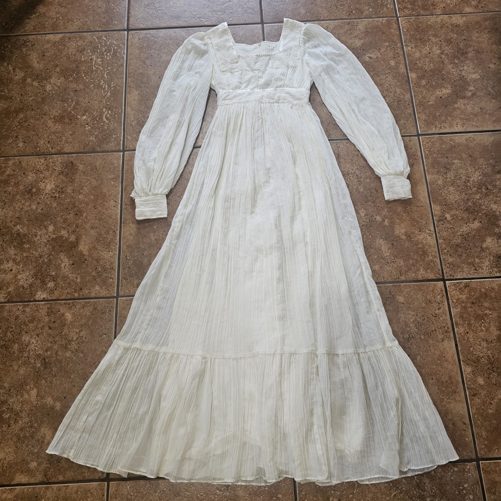 Vintage 70s Dress Gauze Crinkle Cotton Maxi Wedding Embroidered Floral Ribbon