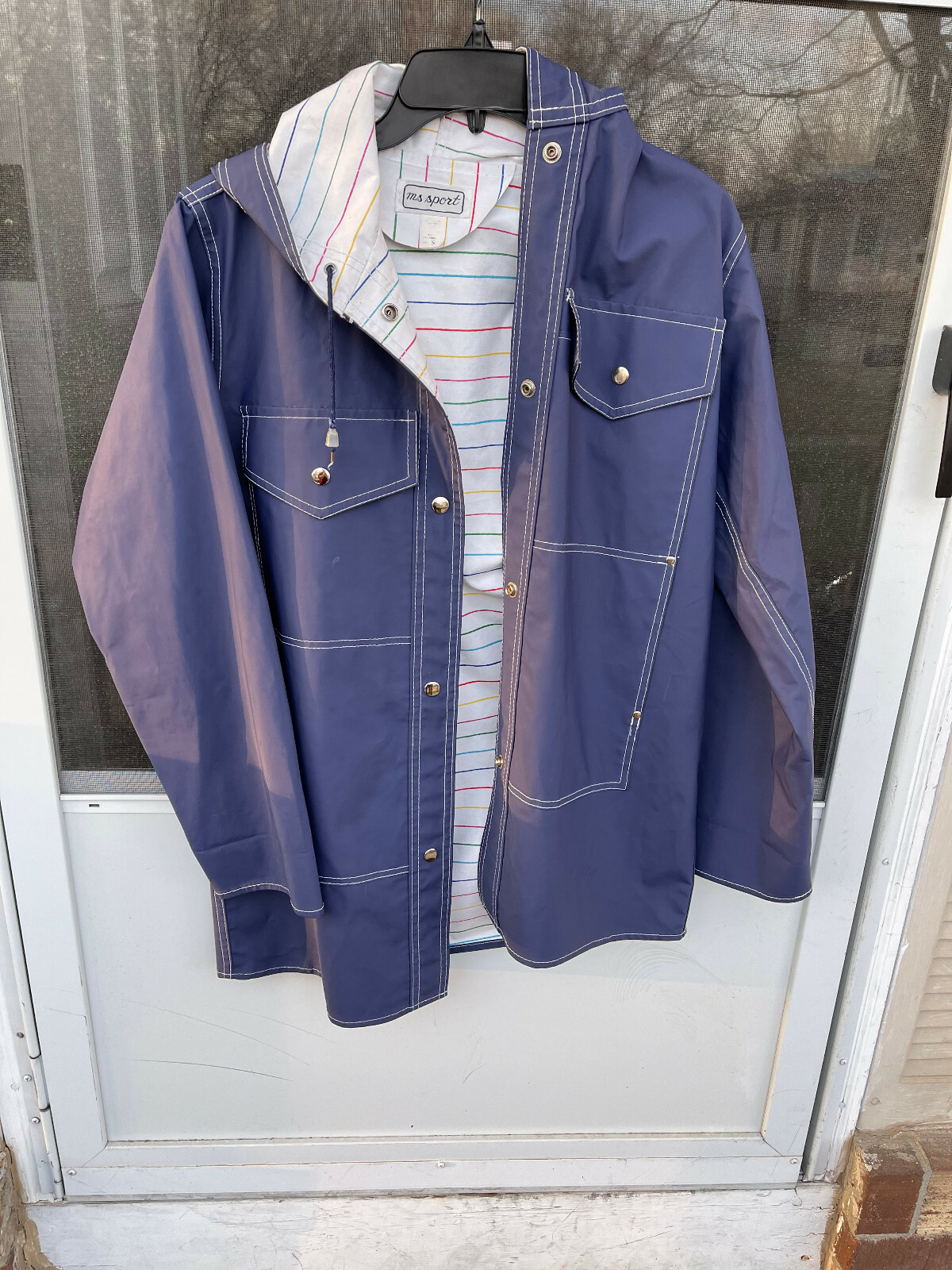 Vintage 80s 90s Reversible LadyBug BLUE Raincoat PVC Rubber Vinyl Hood coat S