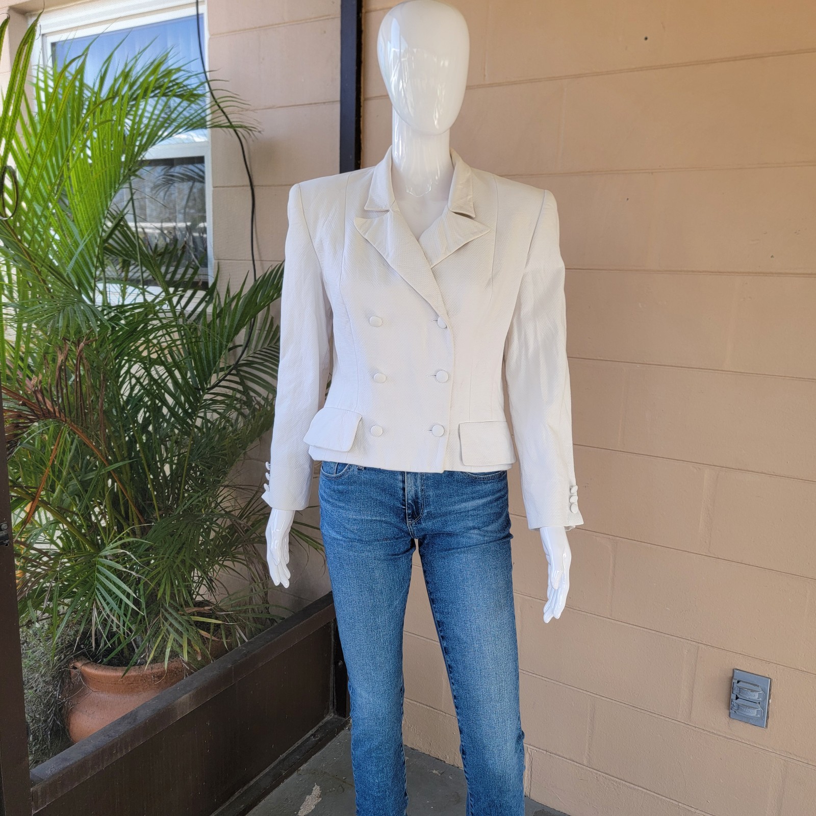 Vintage 80s Ivory White Career Blazer Jacket Double Breasted Women Size S
