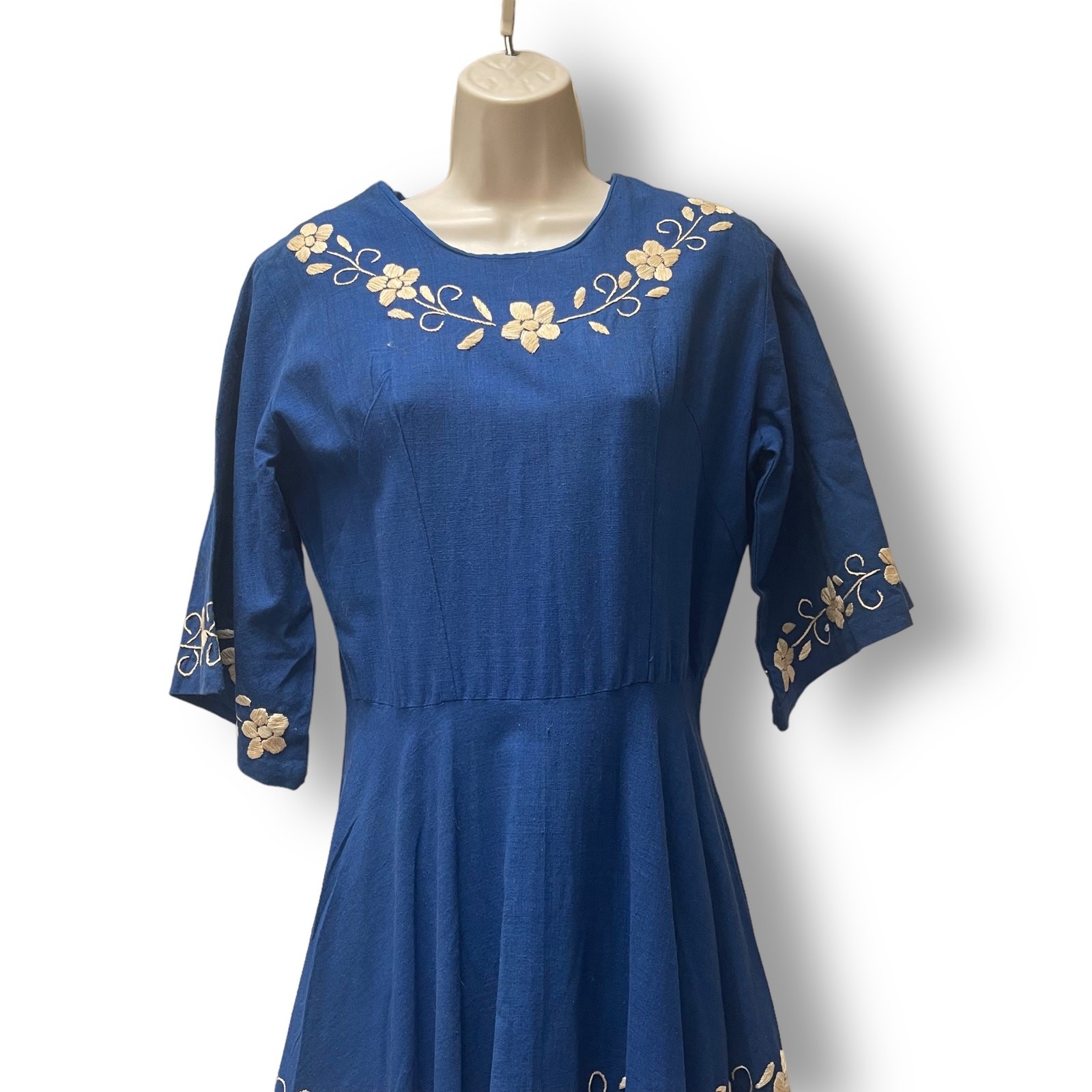 Blue Linen Embroidered Peasant Maxi Dress Sweeping Skirt Small Vintage 1960’s