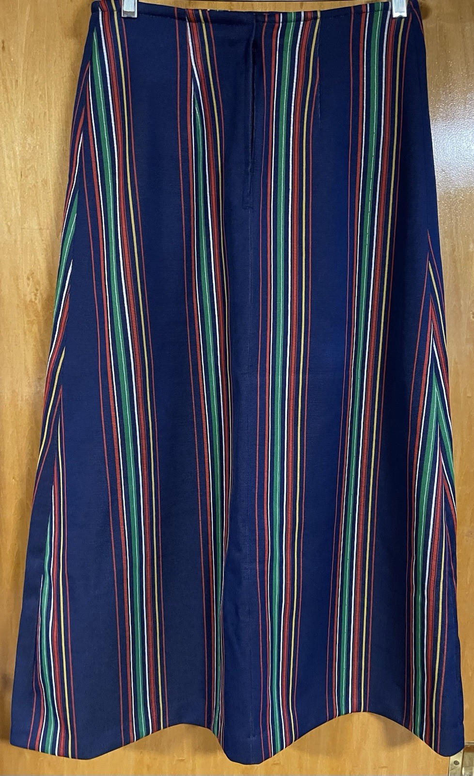 Vintage 60-70’s Mod A Line Midi Blue Striped Skirt, Inside Pockets, 29″ Waist