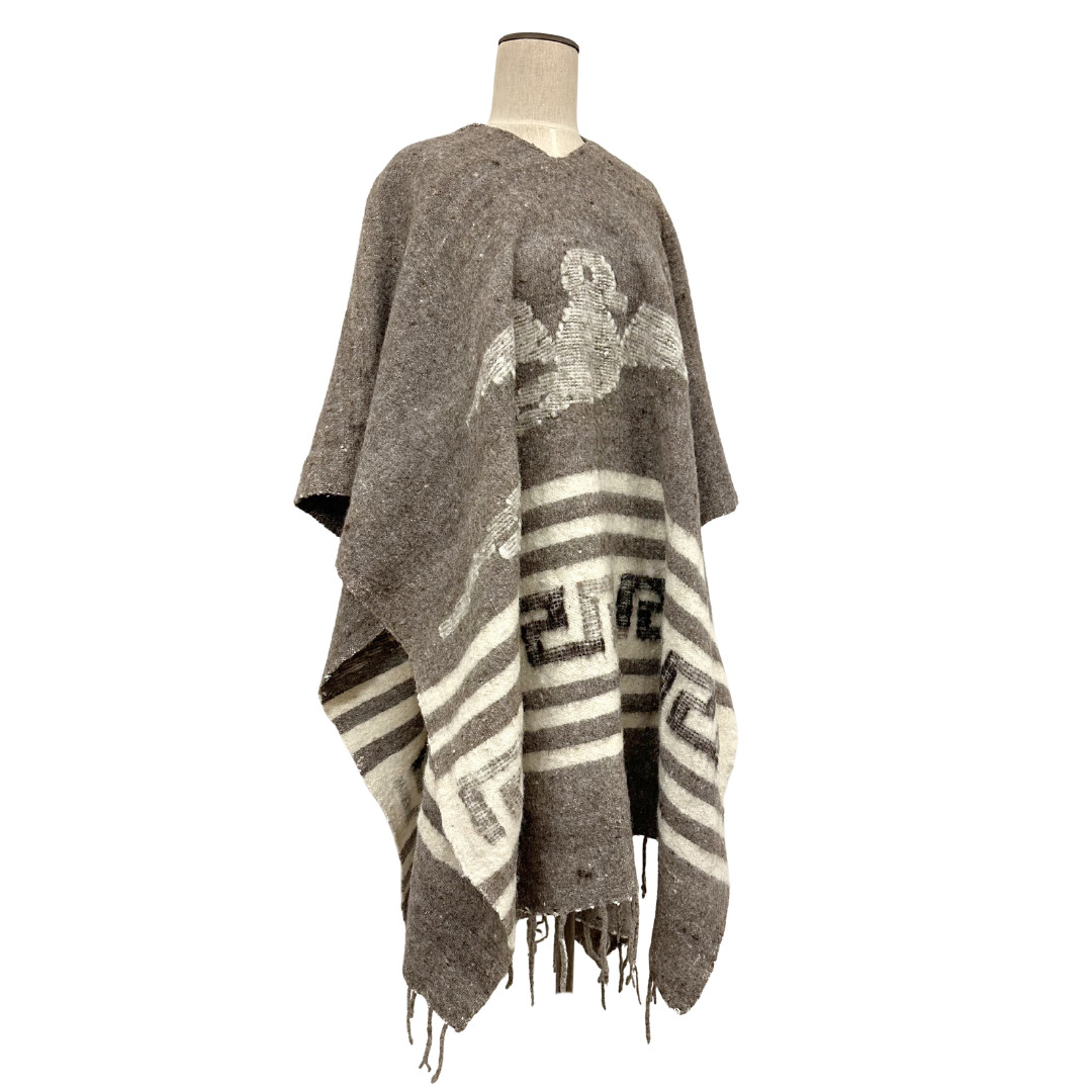 Vintage Southwest Gray Wool Hooded Poncho Serape w Fringe & Bird Detail