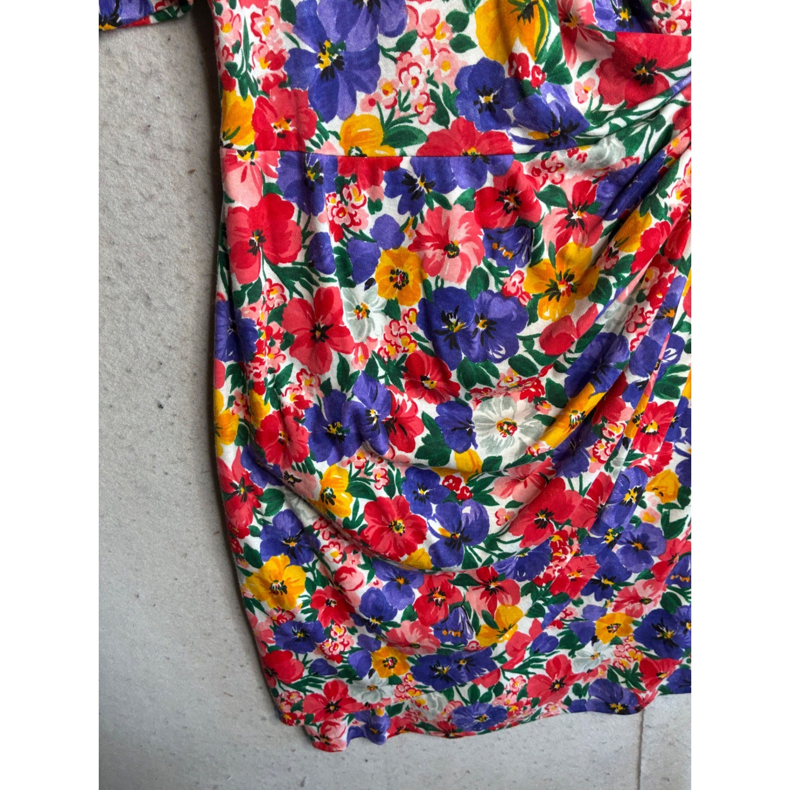 Vintage Expo Floral Ruching Midi Dress Multi Color Pansy Puff Sleeve USA Made 12