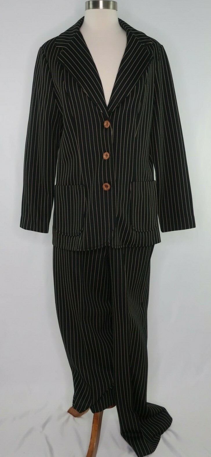 VTG 70s Fairfield Zio ILGWU Black Tan Pinstripe Poly Pant Suit Sz 12
