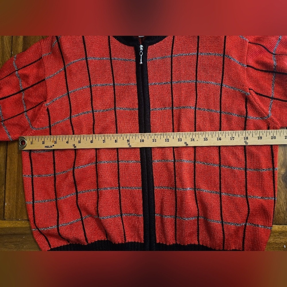 Vintage FIA Italia Red Plaid Zip Front Knit Sweater Cardigan Collared Size L