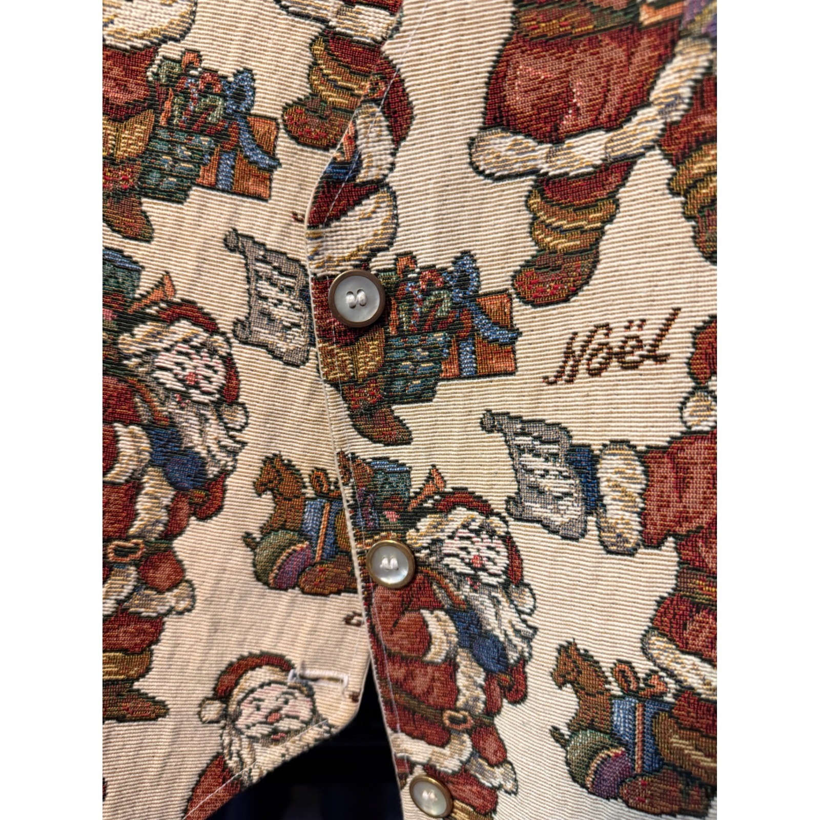 Vintage Christmas Santa Claus Tapestry Vest Cream Holiday Festive Button Up