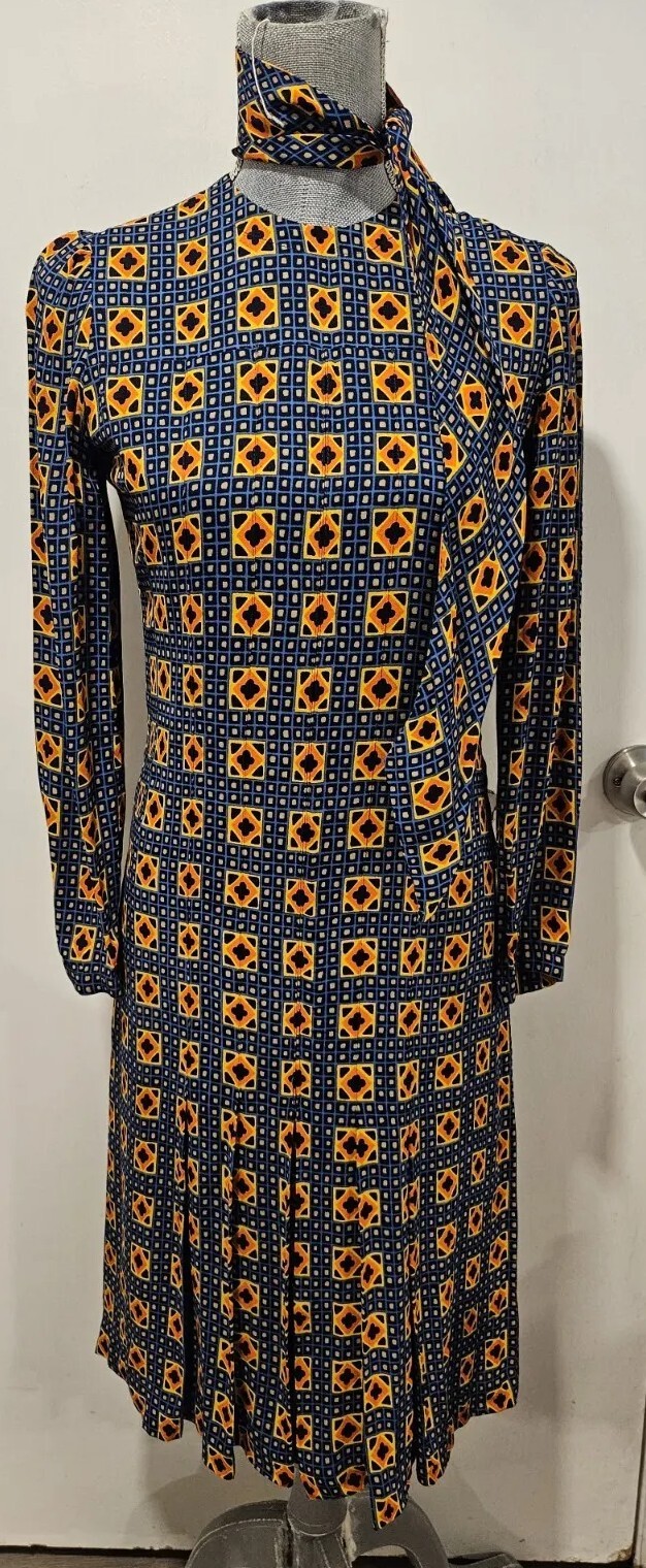 Jean Louis Scherrer Size 38 Vintage 70s Dress + Matching Scarf/Belt Blue Yellow