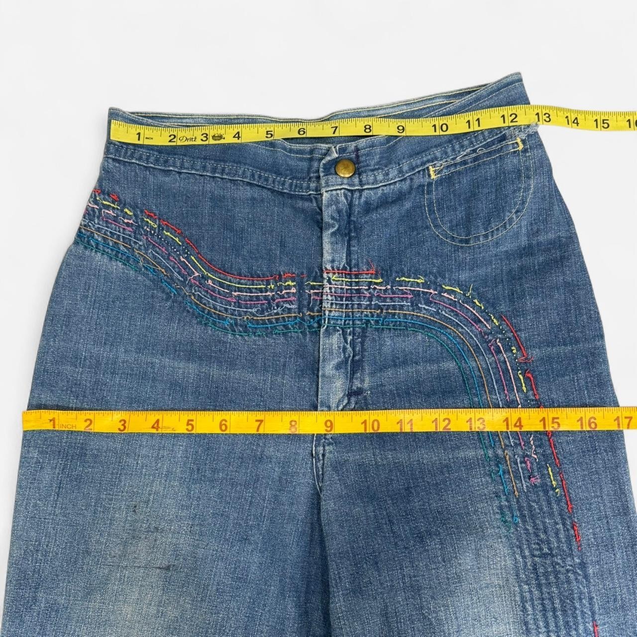 VTG 70s Rainbow Wave Bell Bottoms High Waisted Flare Leg Jeans Scovill Zip 26×31