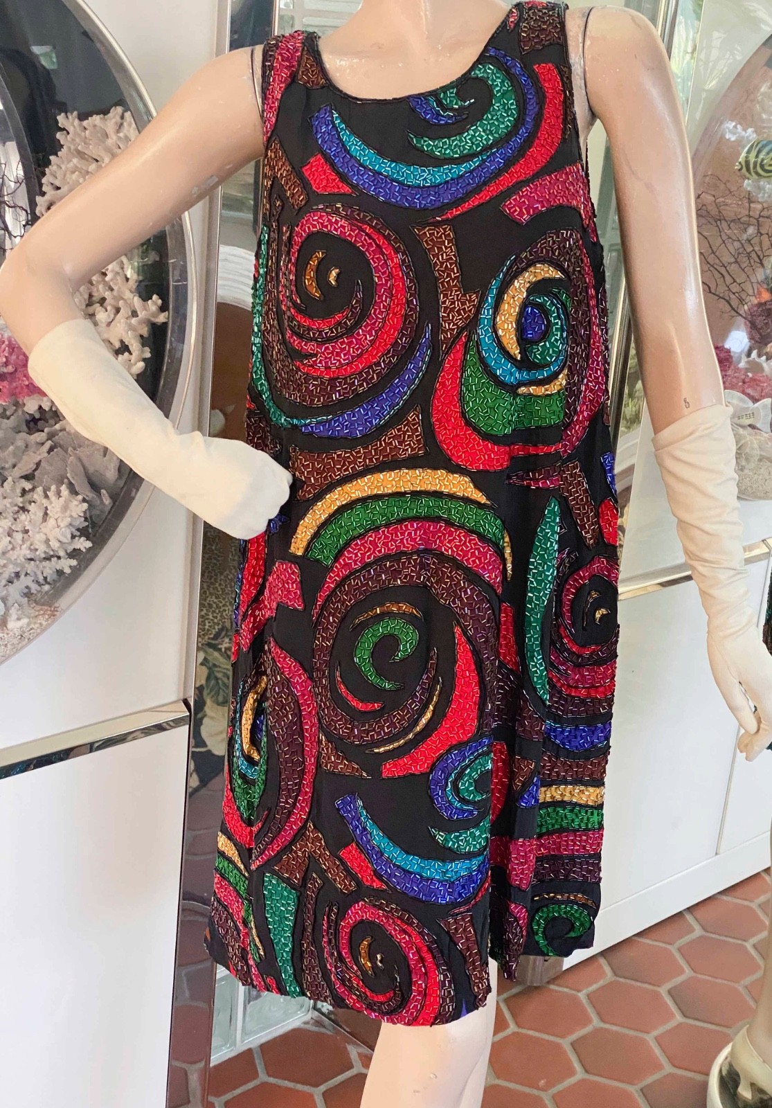 VTG 70s Black Silk Multicolor Psychedelic Beaded Dress 10 Unique A LINE