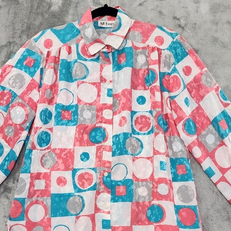 Vintage All Hours Top Womens M Pink Blue Geometric Silky Brocade Long Sleeve