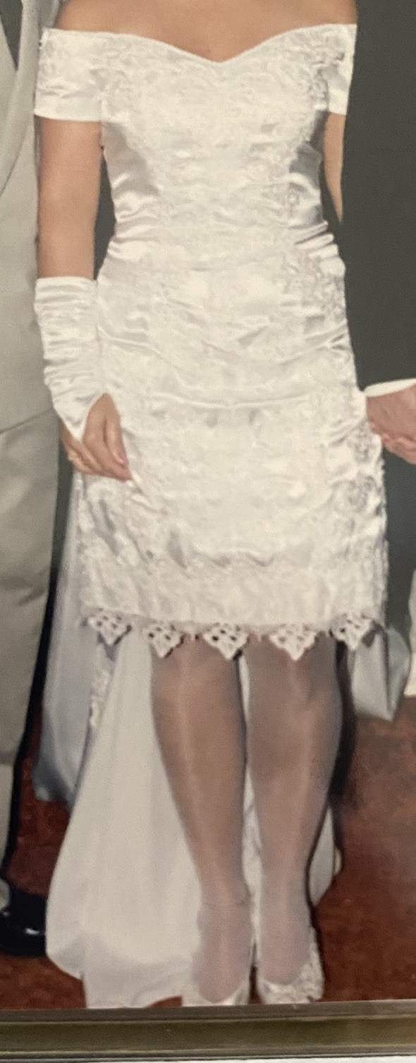 Majestic Vintage Y2k White&Ivory Satin Short Wedding Dress detachable Train Sz.8