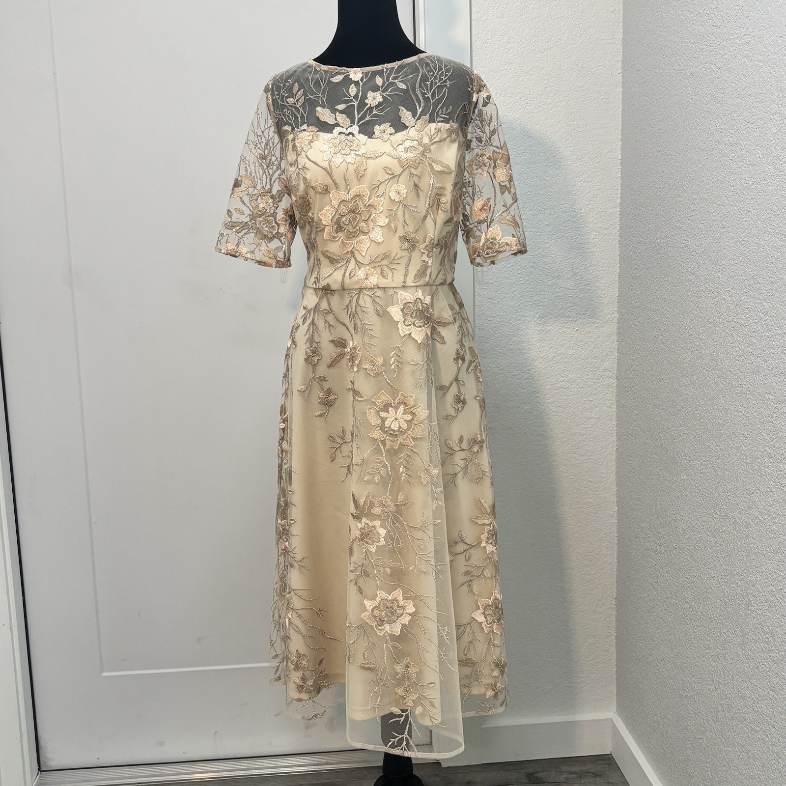 JS Collections Floral Embroidered Illusion Midi Dress Beige Gold Size 10 Wedding