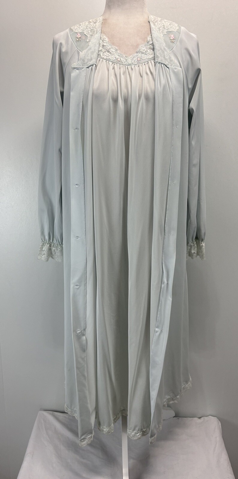 Vtg Shadowline Peignoir 2 Pc Set Sz Small Pale Blue/gray Nylon Made USA