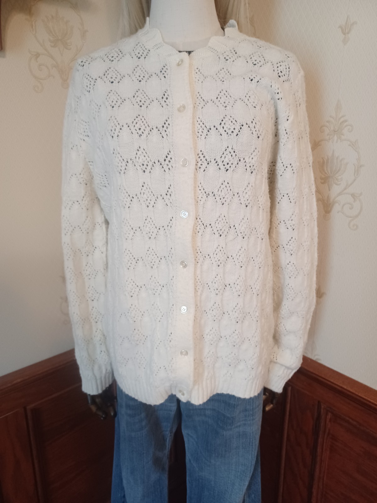 Vintage 1960s/1970s Kenneth Too Ivory-Colored Open Knit Sweater Girl Cardigan