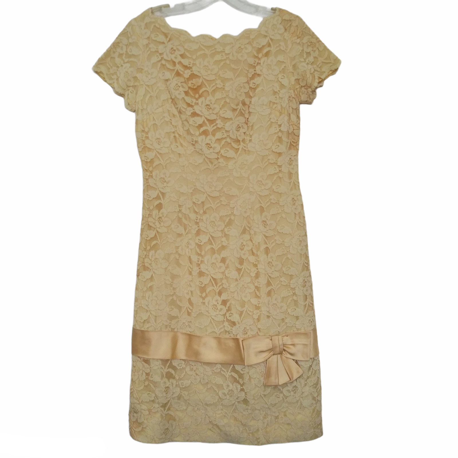 Vintage Yellow Lace Dress Satin Trim Bow 1950s Party Prom S/M 34 X 30 X 34