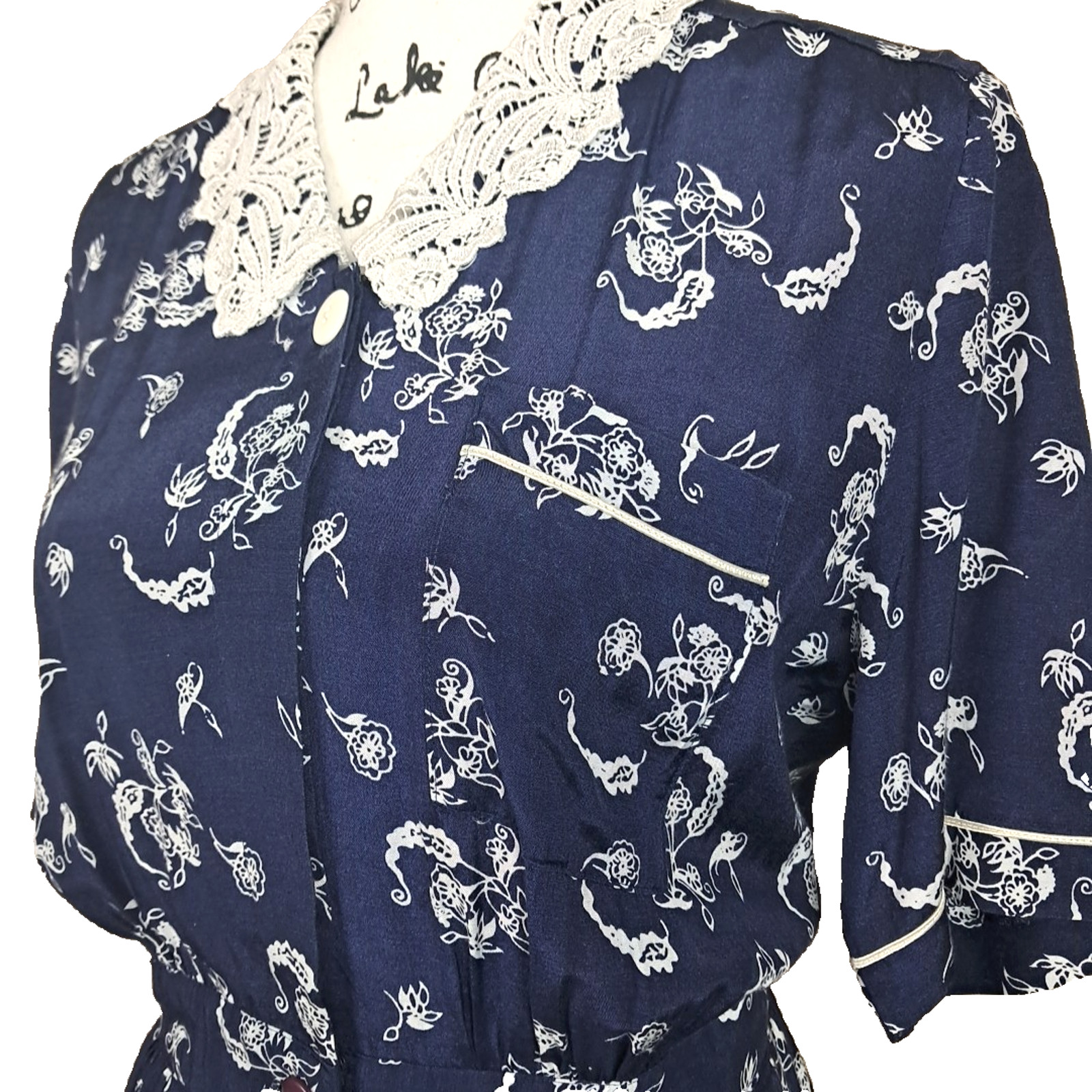 90’s Karen Stevens Floral Lace Collar Pencil Midi Dress Size 6 Blue Cottagecore