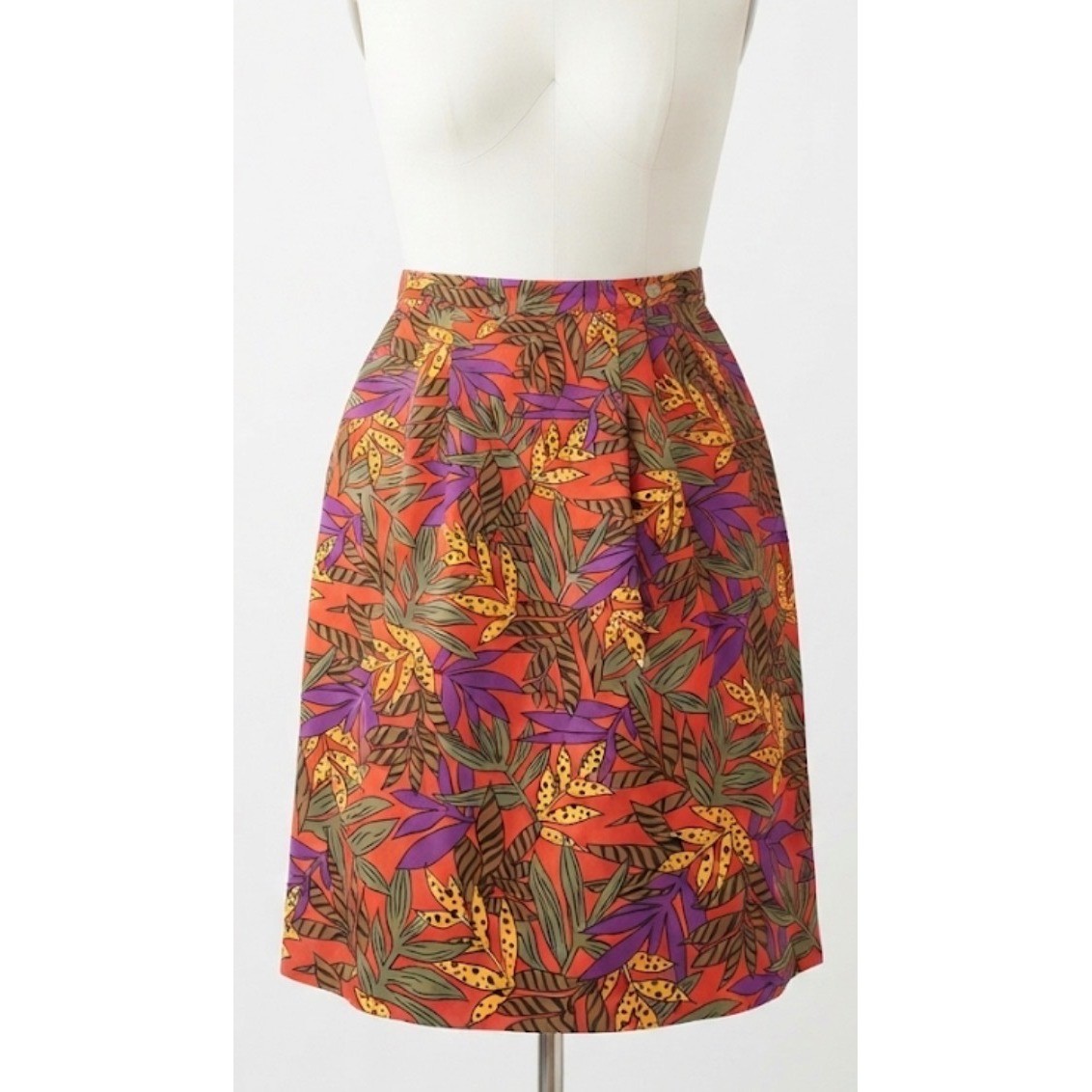 Vtg 90s Lloyd Williams Silk Midi Skirt 10 Tropical Leaf Retro Artsy Pockets