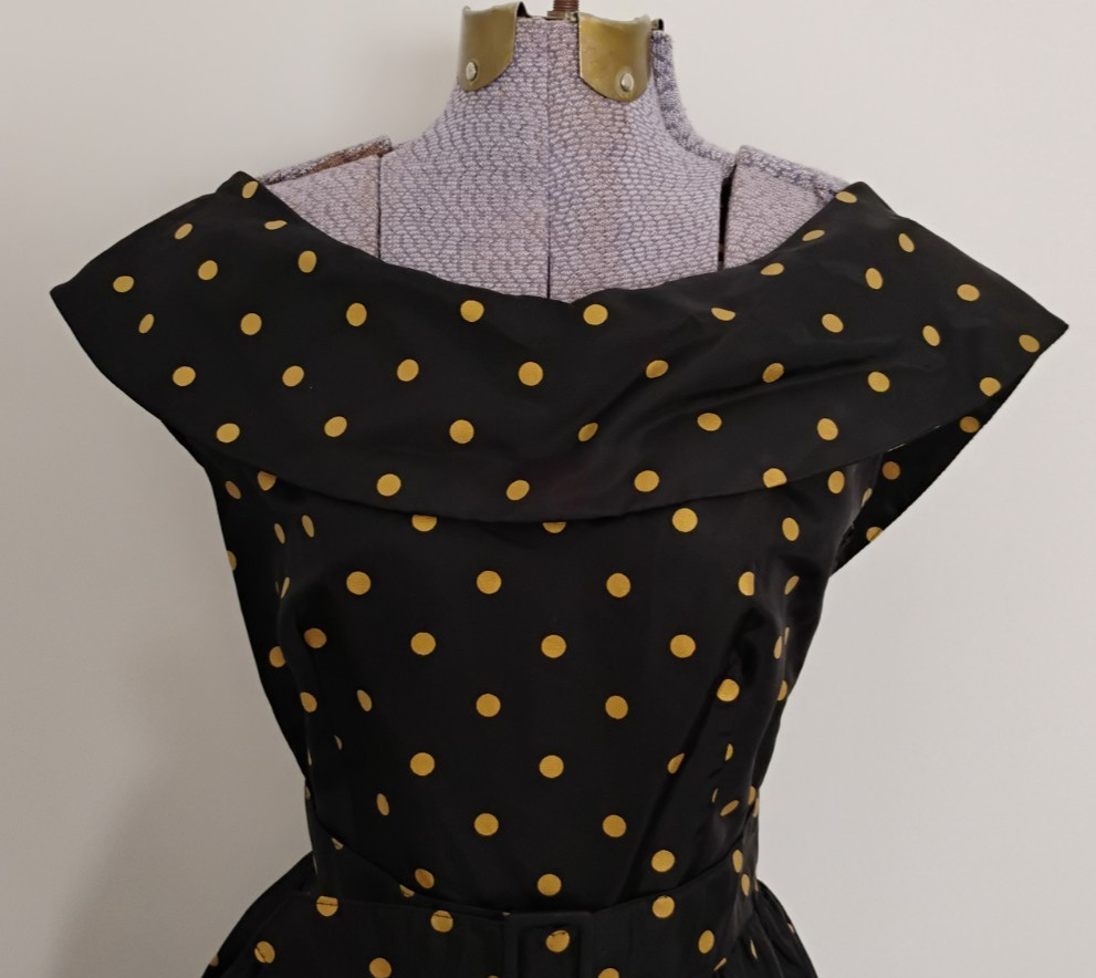 Vtg 80’S does 50’s DRESS Women’s Cocktail Evening Black Gold Polka Dot Retro 6/9