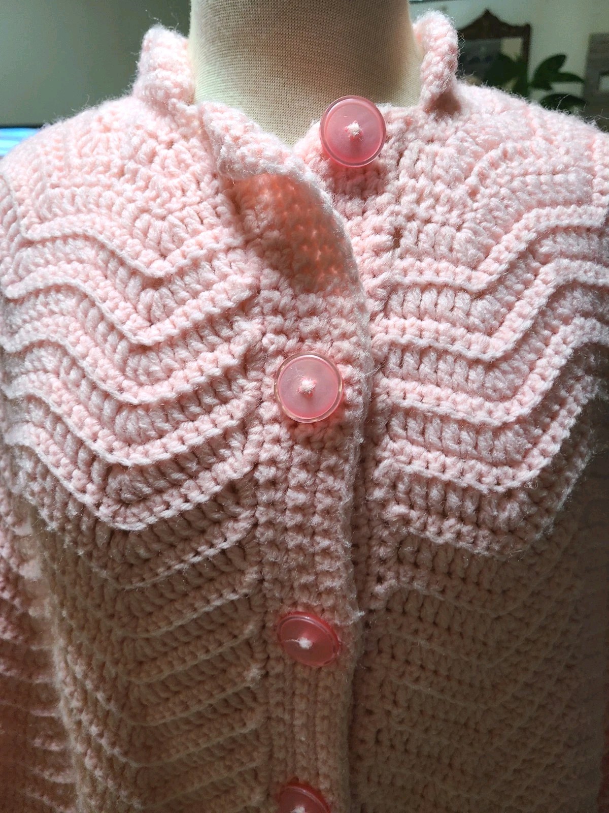 Pink Crochet Cape W/Fringe Button Front Handmade Vtg OSFM Cottage Core