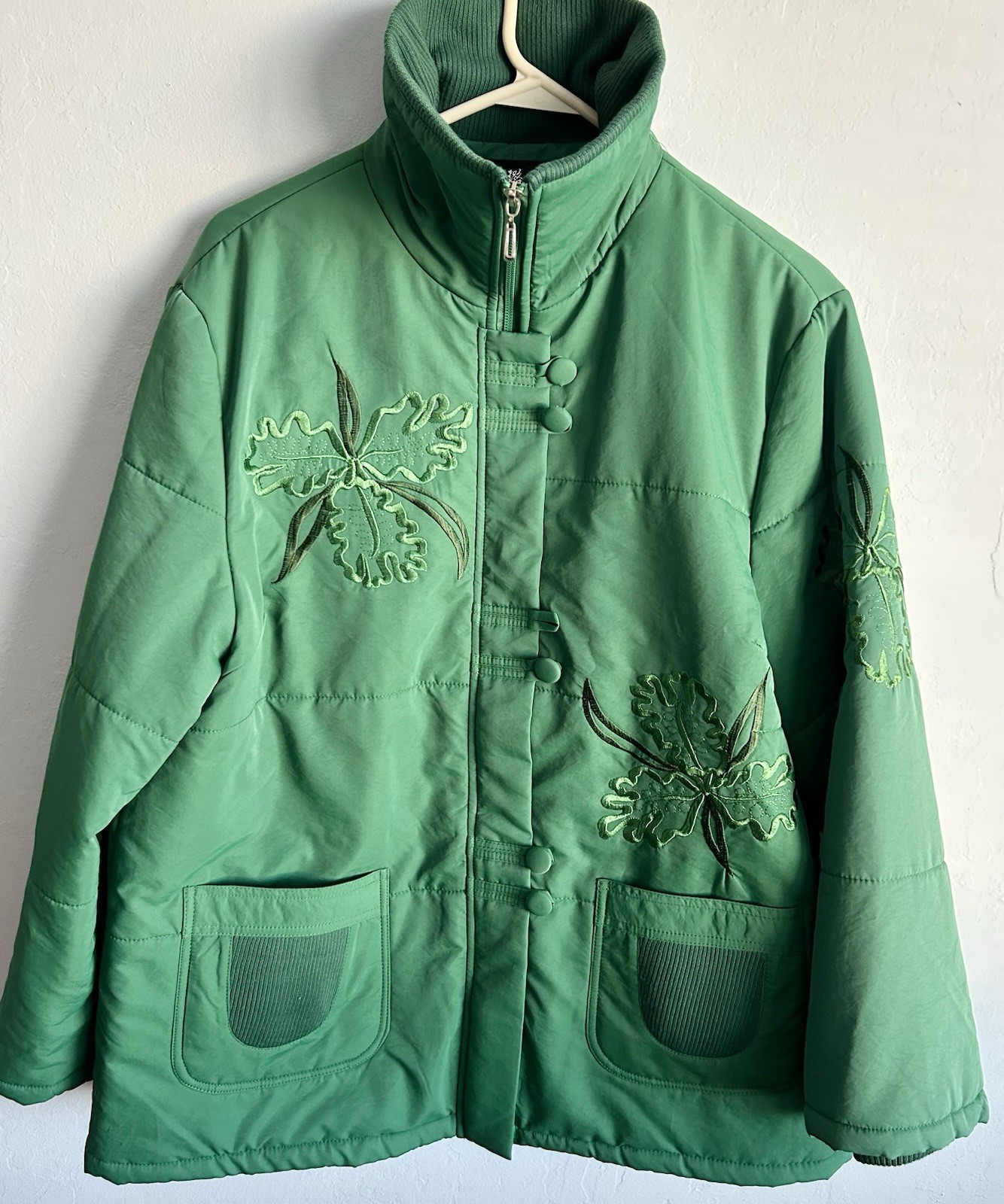 VTG Womens Green Quilted Modern Mandarin Jacket Floral Embroidered Size 3XL
