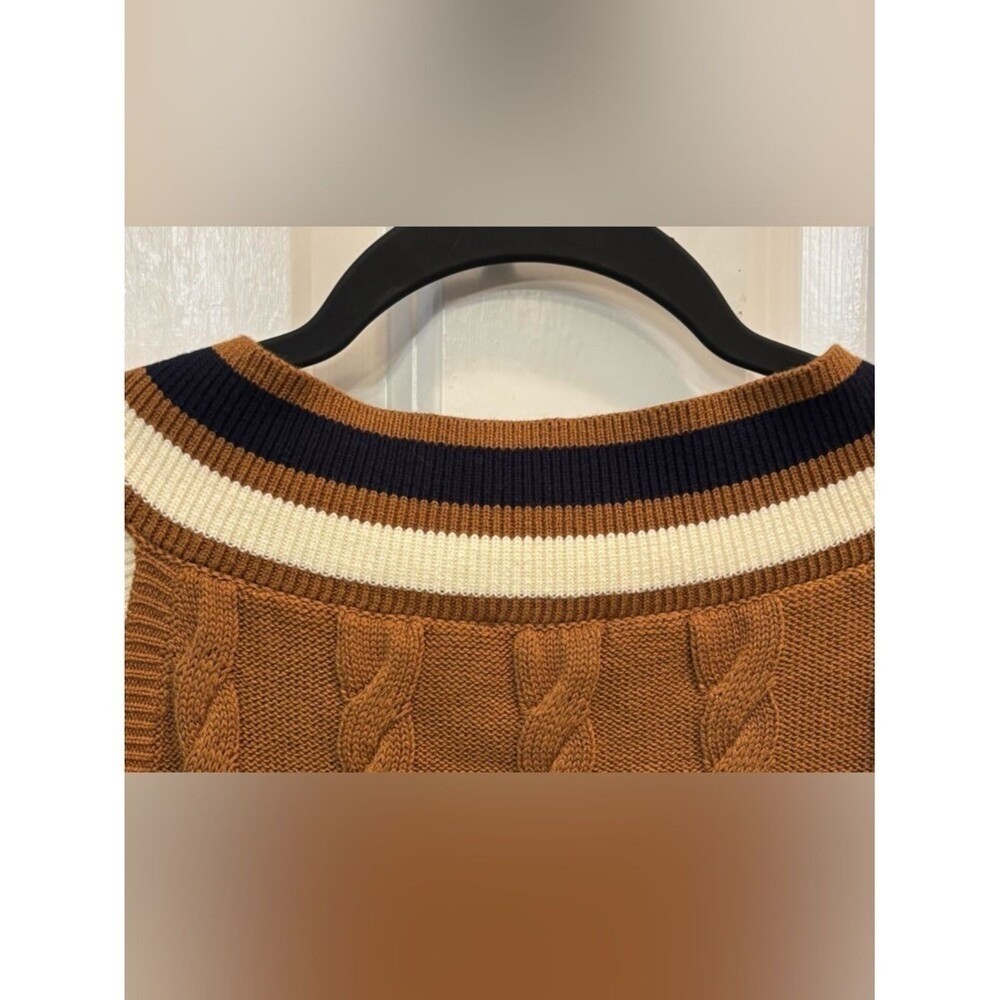 T by Talbots Cable Knit Sweater Vest Mustard V-Neck Stripe Trim Preppy Chic Sz M