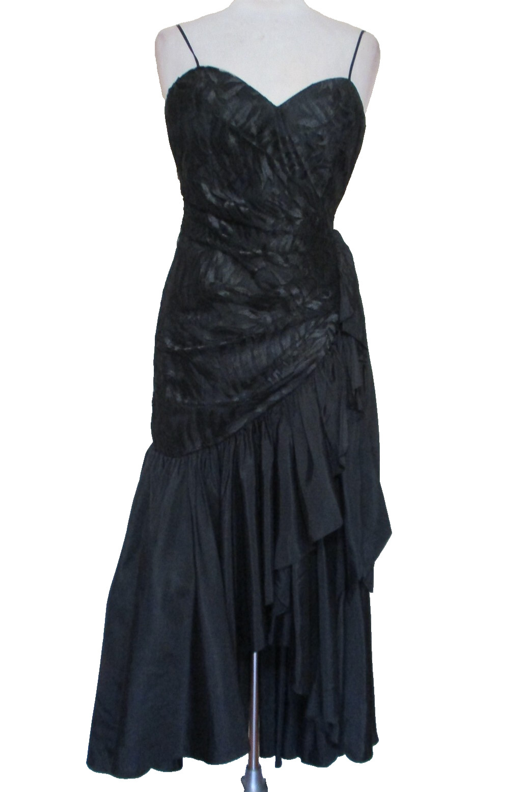 Vtg TD4 Eletra Womens Dress Gown Black Lace Shirred Bodice Taffeta Skirt XS/S
