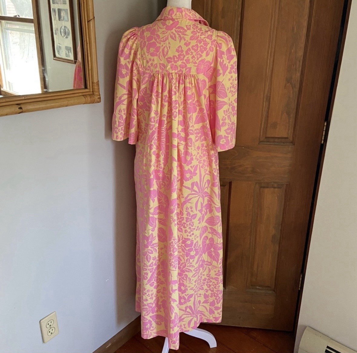 Vintage Ruth Clarage Large Floral Pink Print Mumu House Dress Boho Hand Printed