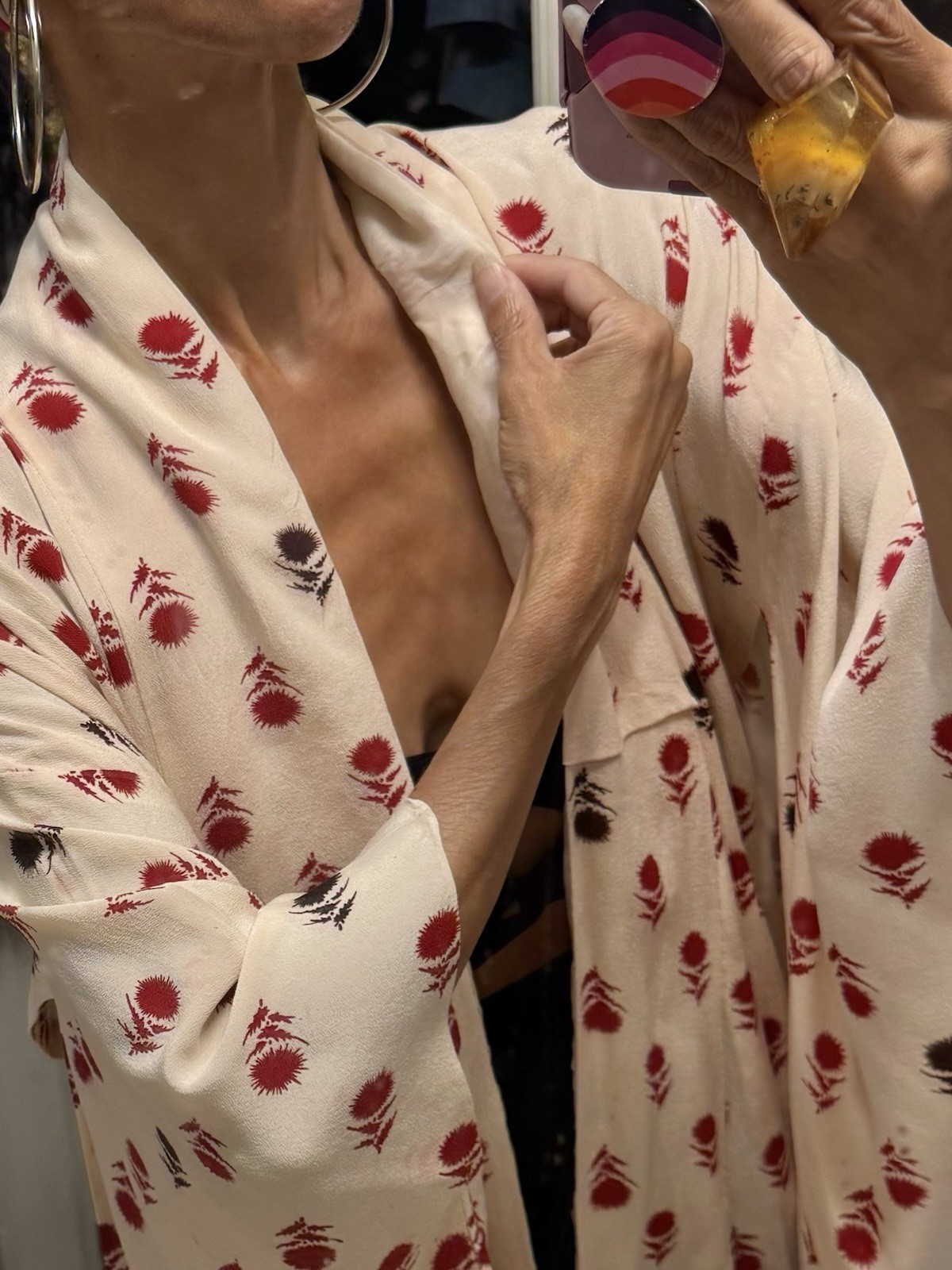 Vtg Kimono Silk Crepe Extreme Long Sleeves Duster Jacket Robe Off White Red