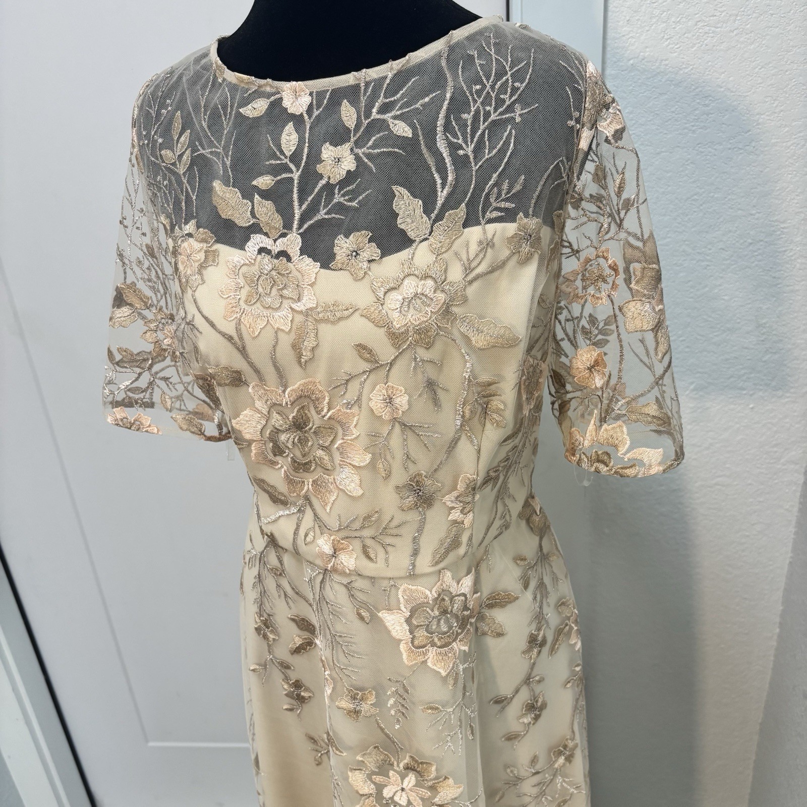 JS Collections Floral Embroidered Illusion Midi Dress Beige Gold Size 10 Wedding