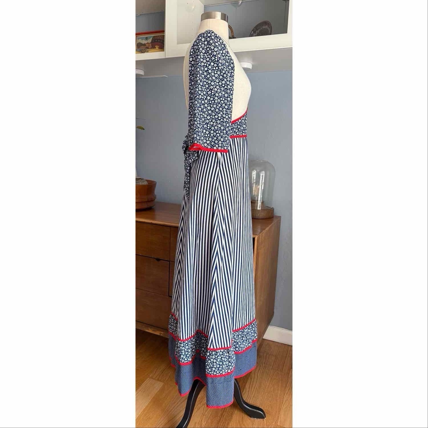 Vtg 70s Maxi Dress XS/S Prairie Floral Striped Dots Cotton Cottagecore Boho