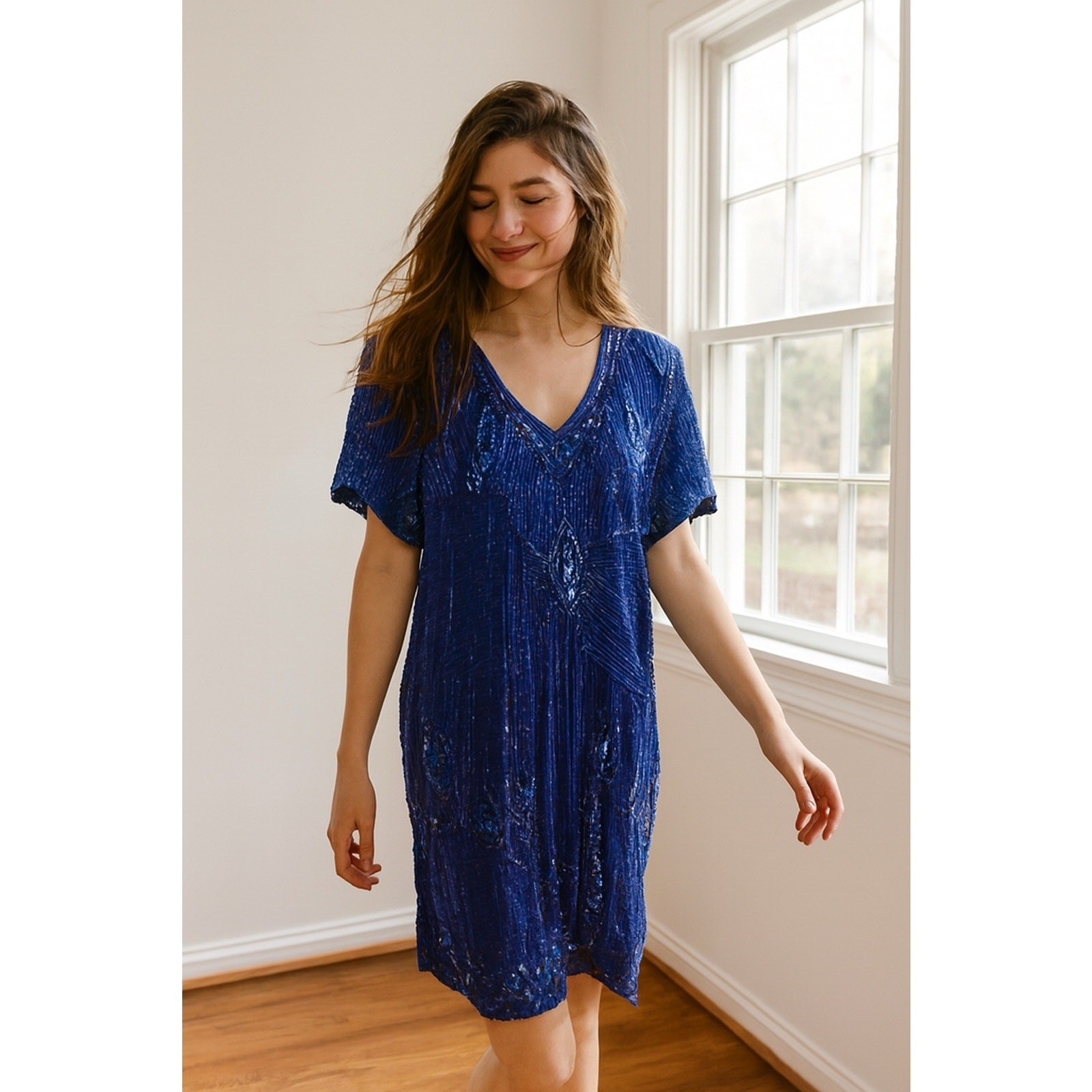 VTG Oversize Silk Beaded Sheath Party Dress – XL Blue Boxy Sparkly Wedding Guest