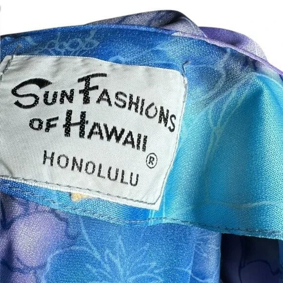 VTG 70s Sun Fashions of Hawaii Floral Muumuu Dress Blue Purple Maxi Aloha Gown