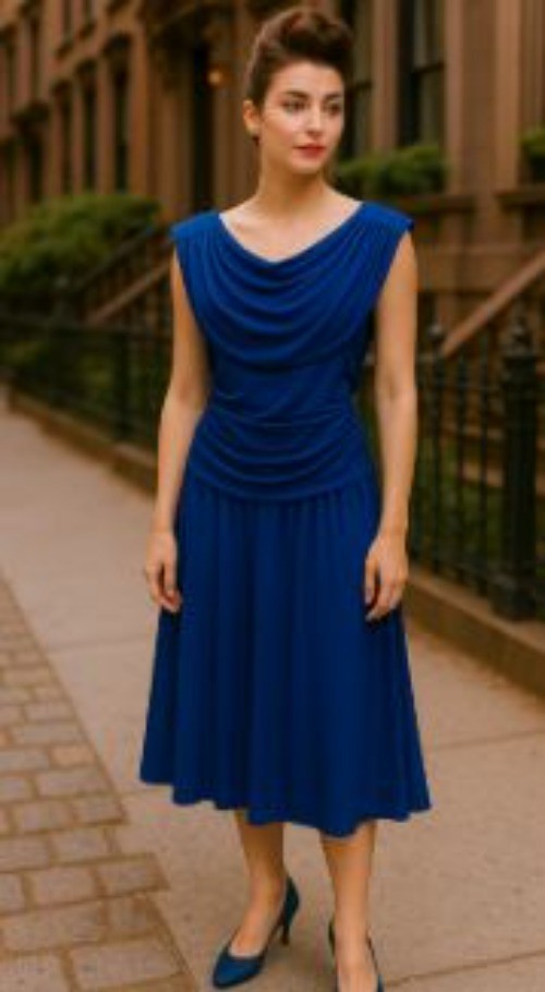 Night Scene Size 6 Vintage Party 1980s-1990s Dress Ruched Waist Blue Polyester